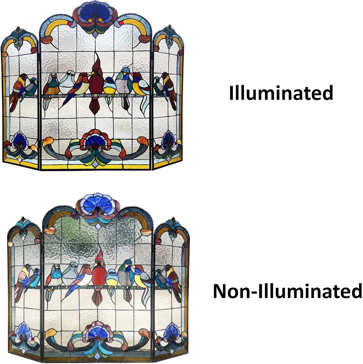 CHLOE Lighting Aves Tiffany-Glass Gathering Birds Design 3pcs Folding Fireplace Screen 40" Wide