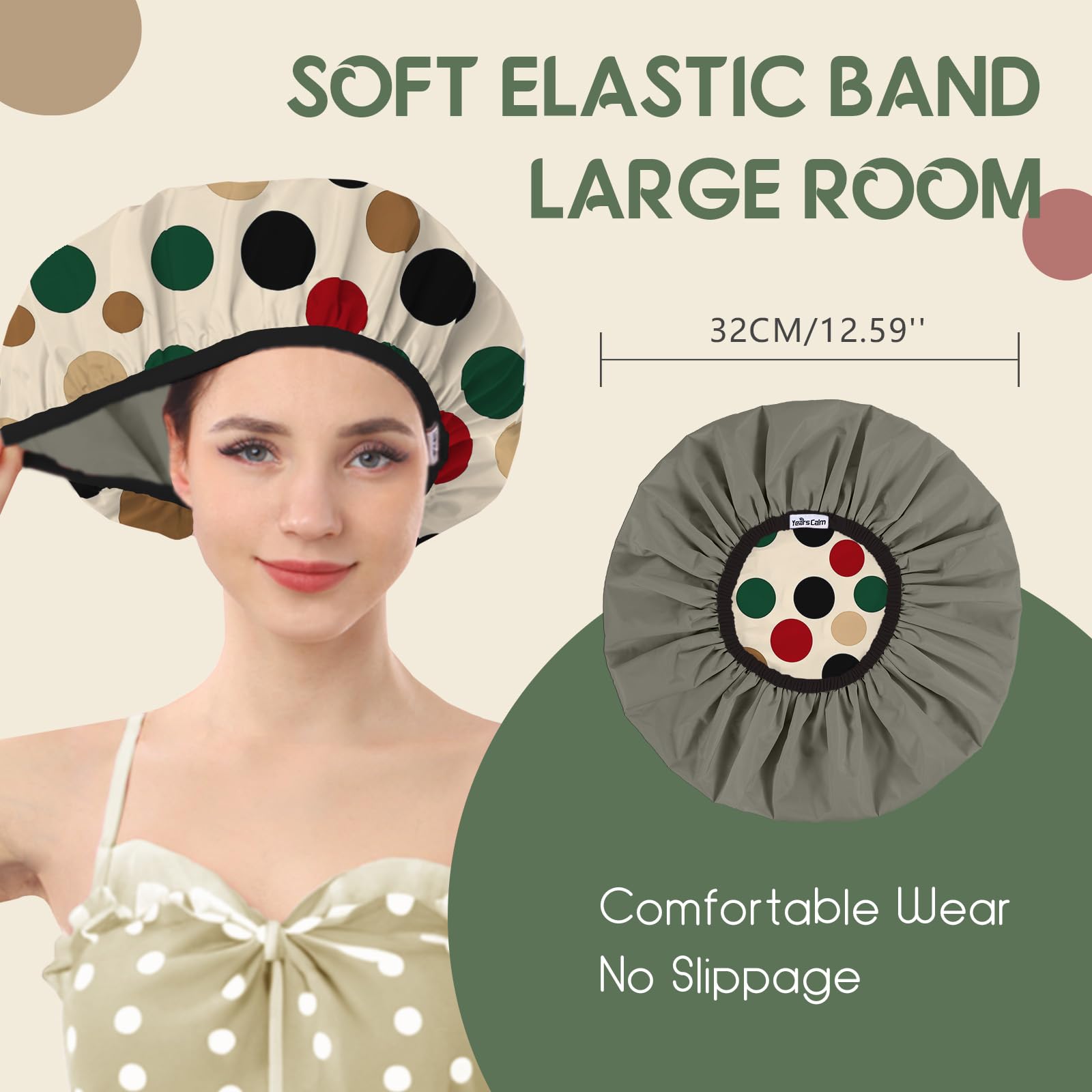 Years calm Bonnet de douche de luxe pour femme réutilisable et imperméable – Bonnet de bain double couche à pois avec élastique réglable pour tresses et cheveux longs, confortable et élégant
