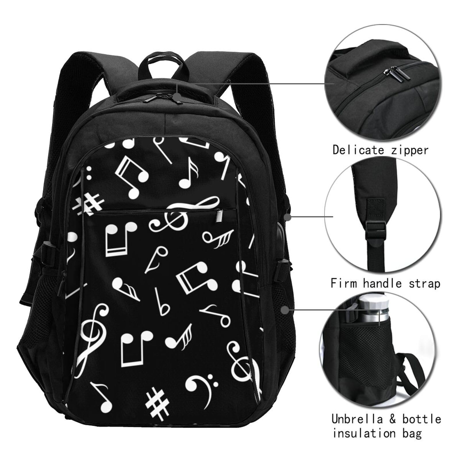 InOmak Schwarze Musiknotenzeichen, Reiserucksack, Freizeitrucksack, Schulrucksack, Laptop-Rucksack für Damen und Herren