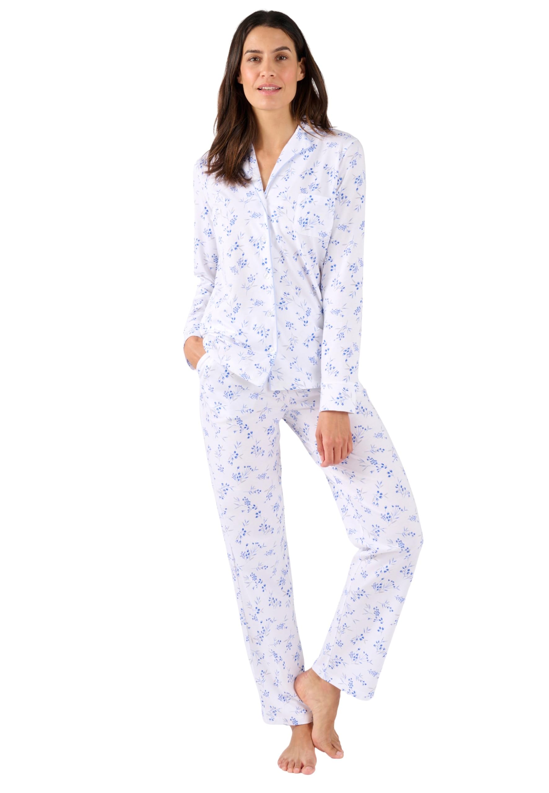 Damart - Button-through Jersey Pyjamas, Blue Flowers, 14/16