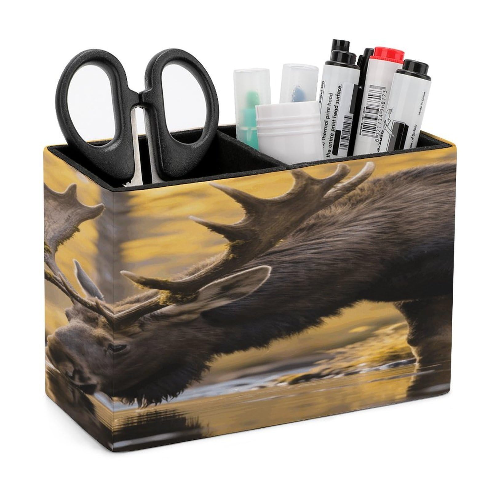 VstaDank Rustic Woodland Deer Pencil Holder for Desk Organizer 2 Compartments Pen Cup Leather Square Pen Holder Pencil Cup Stand Makeup Brush Holders for Desktop Organizer Storage Case