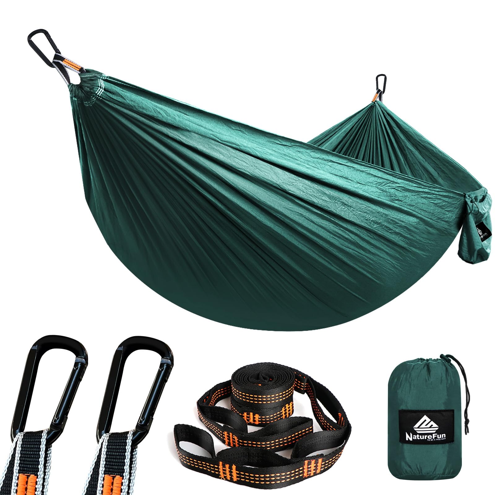 NATUREFUN Ultraleichte Reise Camping Hängematte | 300kg Tragkraft (275 x 140 cm) Atmungsaktiv, Schnelltrocknendes Fallschirm Nylon | 2 x Premium Karabiner,2 x Schlingen| Drinnen Draußen Garten
