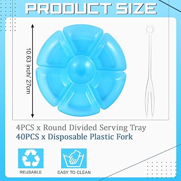 Zhehao 4 Pcs Sectional Heavyweight Plastic Divided Plates Serving Trays with 40 Disposable Forks 10.6 7 Section Round Chip Dip Plate Snack Food Platter for Nut Candy Veggie Fruit (Blue)