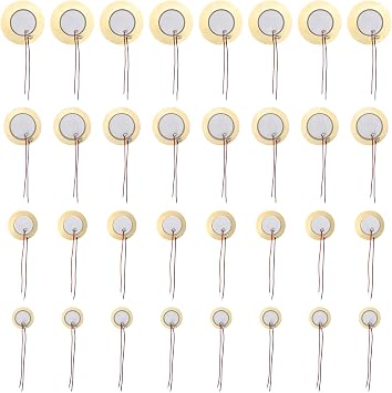 32Pcs Piezo Disc Transducer, 4 Sizes 20mm, 27mm, 35mm, 41mm, Acoustic Contact Microphone Piezo Pickup with Wires for Acoustic Guitar, Drum Triggers, Microphone Trigger Element