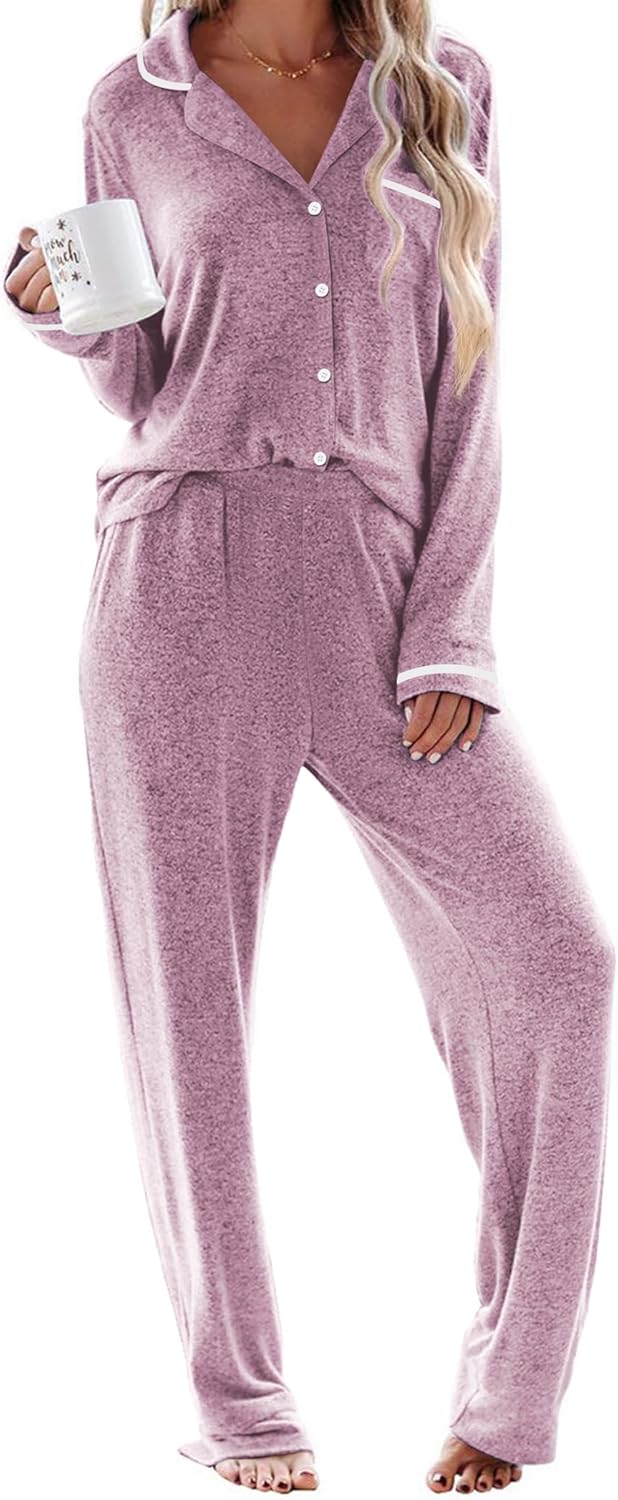 Ekouaer Women's Pajama Sets Long Sleeve Button Down 2 Piece Pjs Soft Lounge Sets Notch Collar Sleepwear