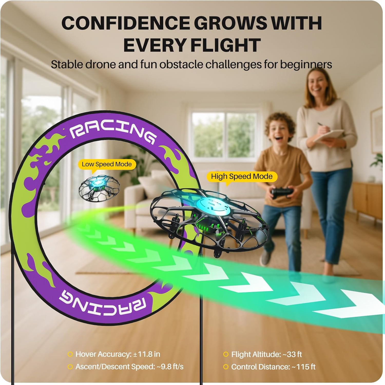 A SYMA X660 Mini Drone flying through a racing hoop, illustrating low and high speed modes.