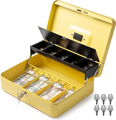Volcora Caja de dinero grande con cerradura de llave, caja de dinero de metal para efectivo, caja de seguridad portátil con bandeja para monedas, Volcora Caja de dinero grande con cerradura de llave, caja de dinero de metal para efectivo, caja de seguridad portátil con bandeja para monedas,