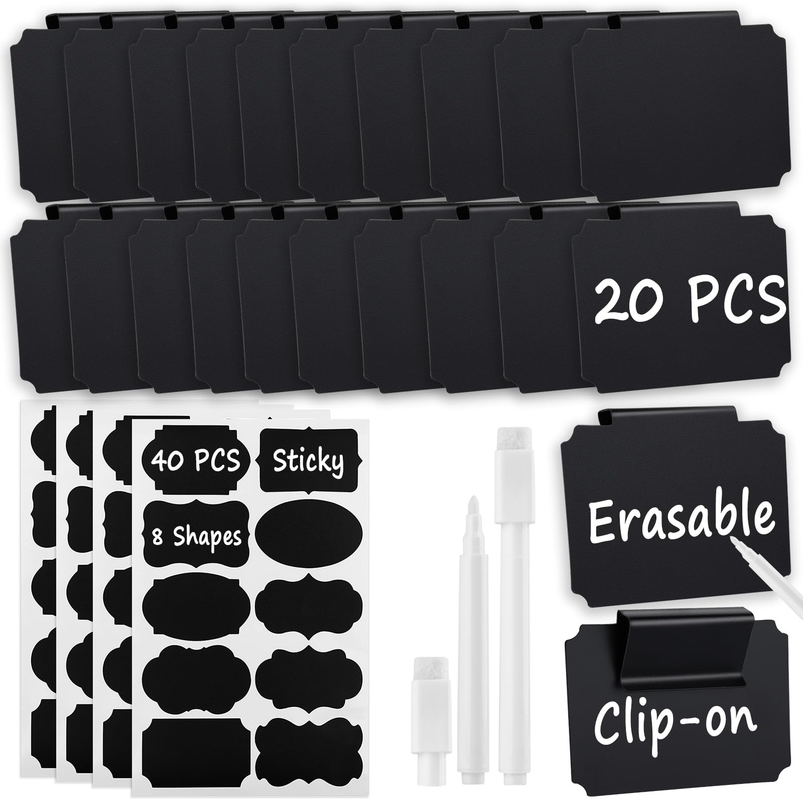 62Pcs Labels for Storage Bins, Including 20 Erasable Basket Labels Clip on Holder Removable PVC Bin,40 Pantry Labels, and 2 Chalk Marker Labels for Organizing Containers Drawer Basket Tags