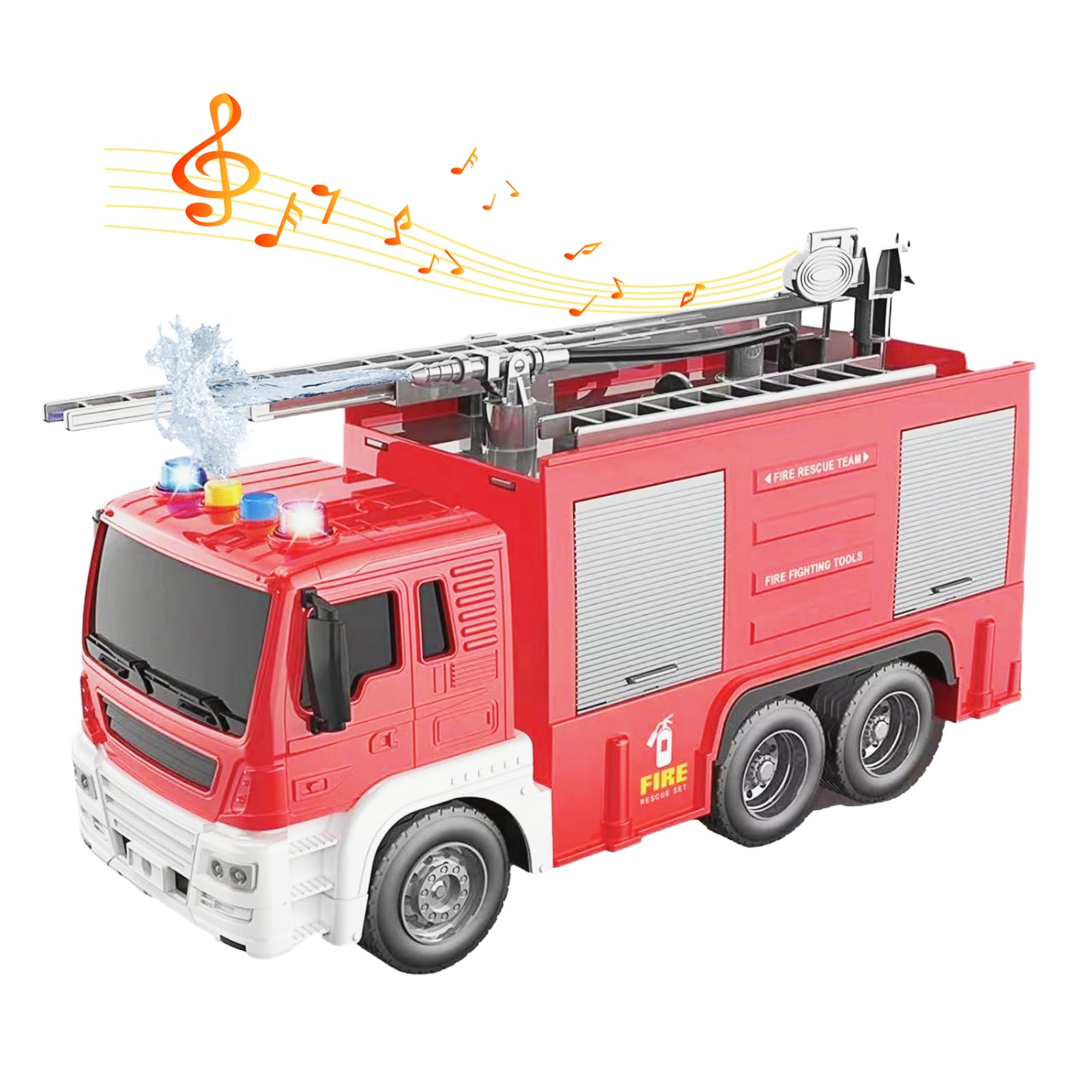 Scala 1:16 Camion Pompieri Giocattolo per Bambini, Autopompa Antincendio a Inerzia Luci & Suoni,con pompa spruzzatrice d'acqua, scala estensibile, Rosso (scala a pioli)