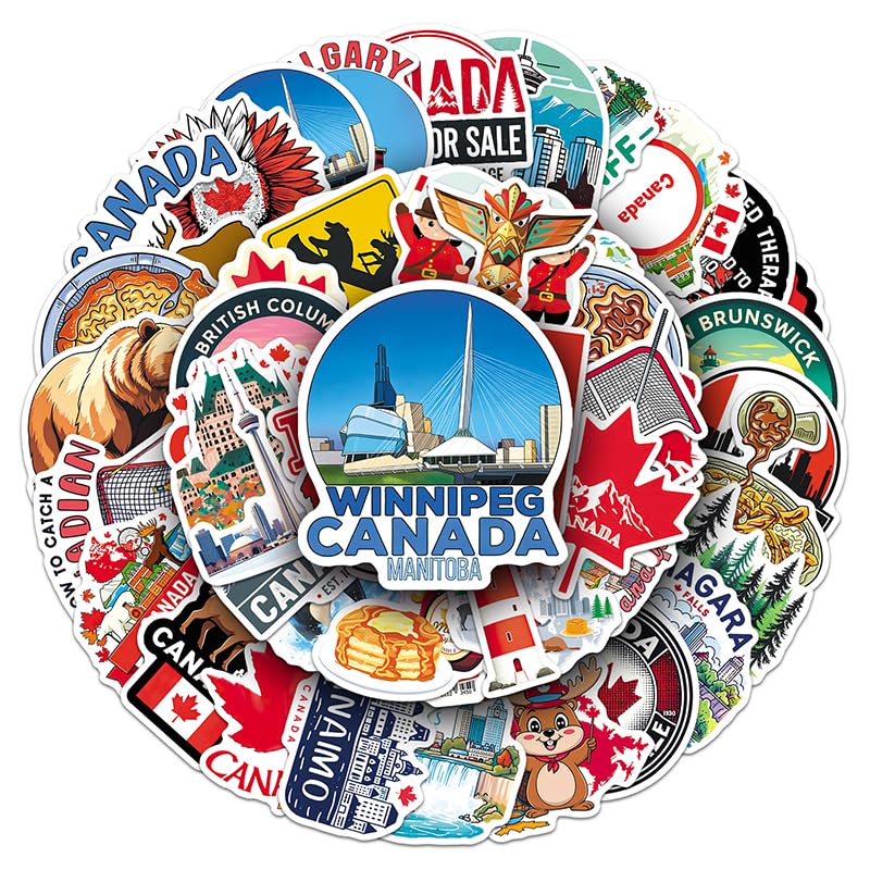 Canada Stickers 50Pcs,Travel Vinyl Sticker Pack with Maple Leaf,City Landmark,Wildlife and Outdoor Scenery Designs for Scrapbook Journal Laptop Water Bottle Luggage Phone Case Decoration