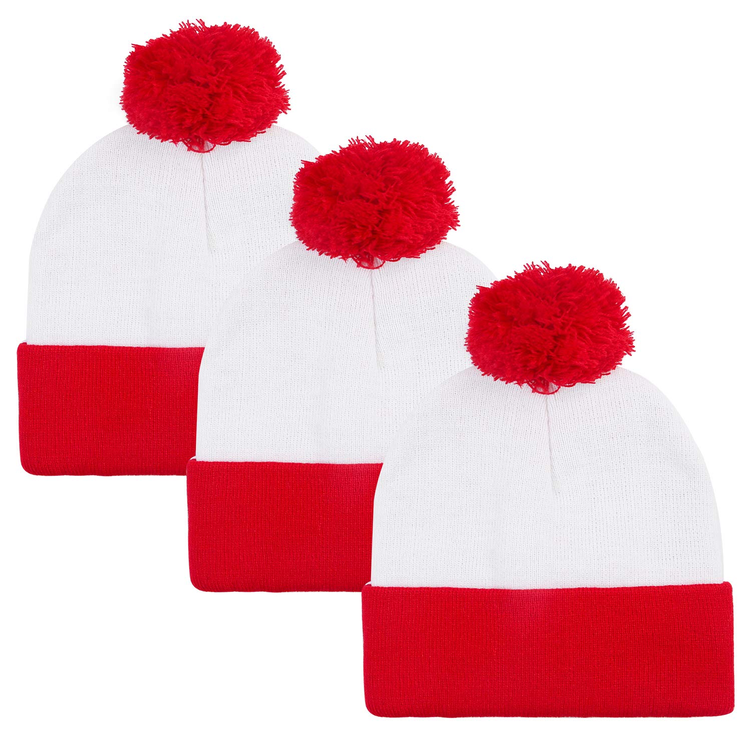 URATOT Halloween Costume Red White Pom Pom Beanie Hat Christmas Cuff Knit Hat