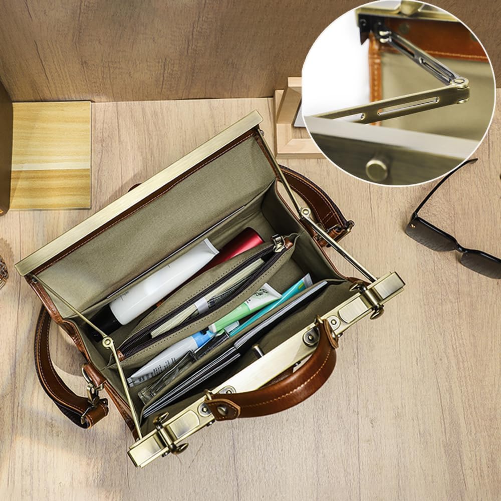 CONTACTS Full Grain Leather Doctor Bag Purse for Women Handbag Small Shoulder Bag Vintage Top Handle Satchel Bag with Metal Clasp Frame - Image 3