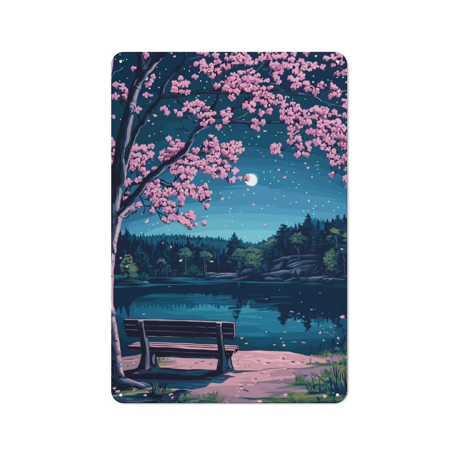 Junmoney Nighttime Lake With Cherry Blossoms Retro Tin Wall Plaque 30X20cm For Home Office Or Studio, Wall Decoration For Home Offices And Studios