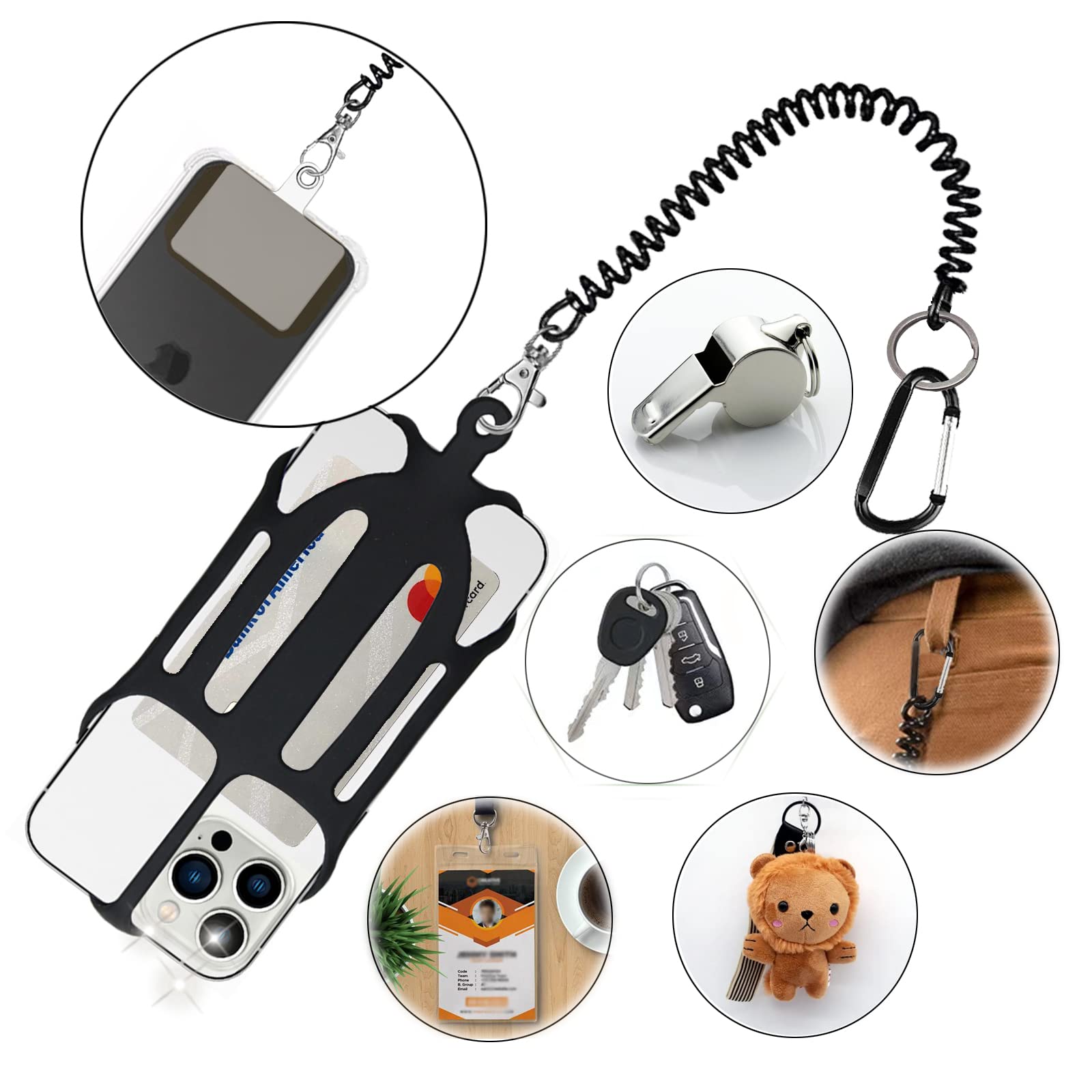 Handy-Haltegurt mit 2 Patch- und Silikon-Handyhalterungen, 2-in-1 iPhone-Schlüsselband mit Karabinerhaken für Anti-Drop, passend für die meisten Handys (schwarz)
