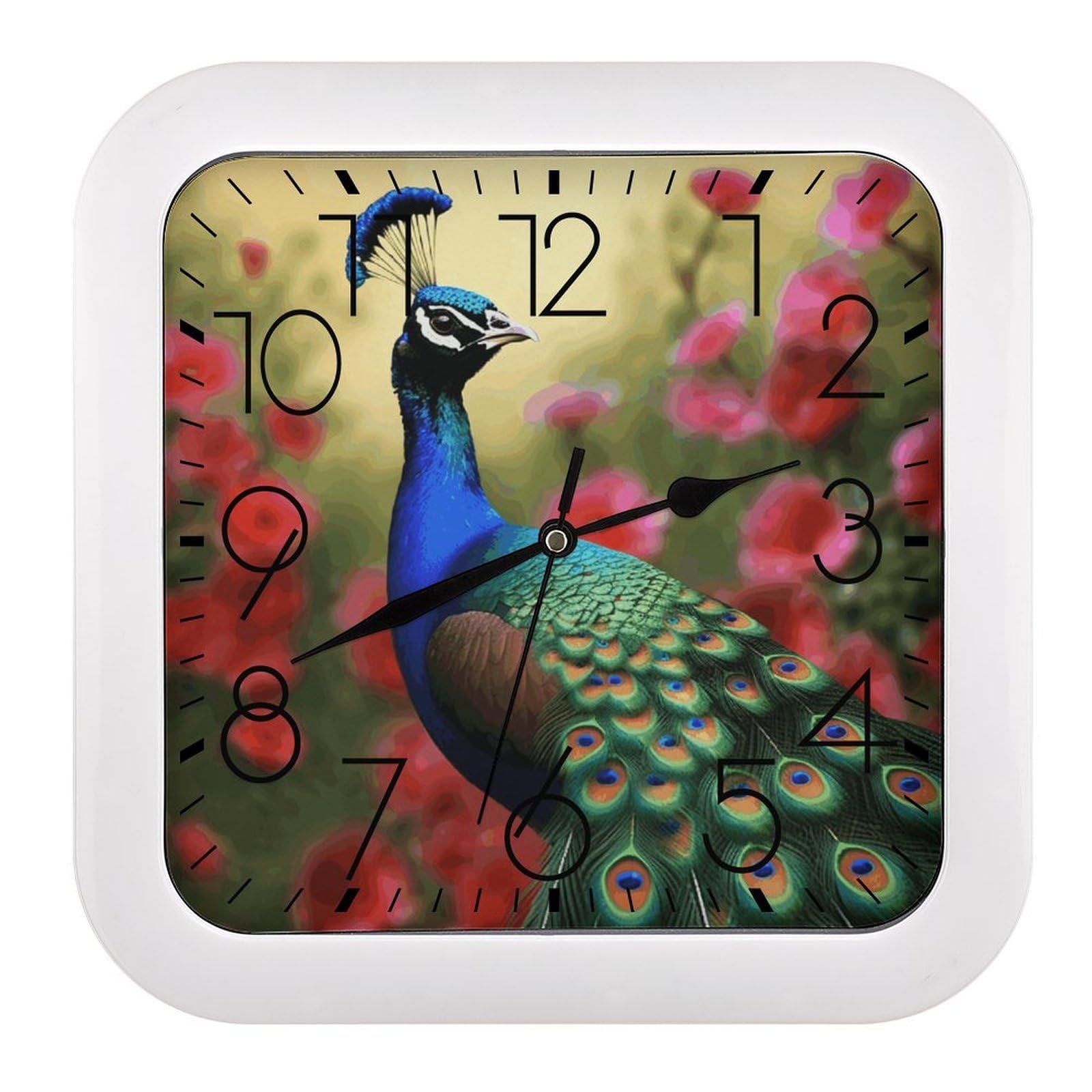 LZQPOEAS Peacock Flowers Square Wall Clock, 10.2 Inch Battery Operated Silent Non-Ticking Wall Clock, Square Analog Decorative Clock for Home Wall Art, Living Room, Bedroom, and Office