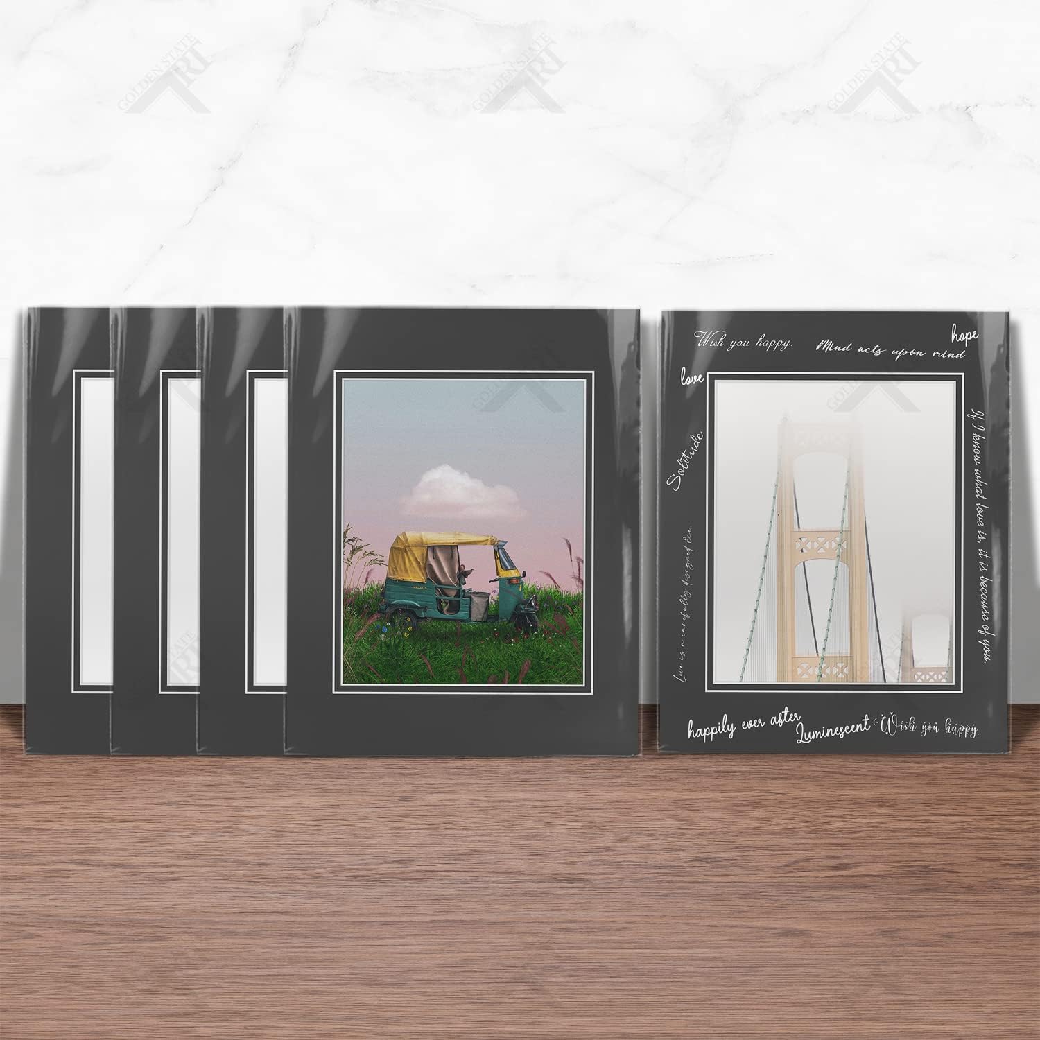 Golden State Art Pack of 10 Double Mats 11x14 Core Bevel Cut for 8x10 Pictures + Backing + Bags, 11" x 14", Black/White/Clear