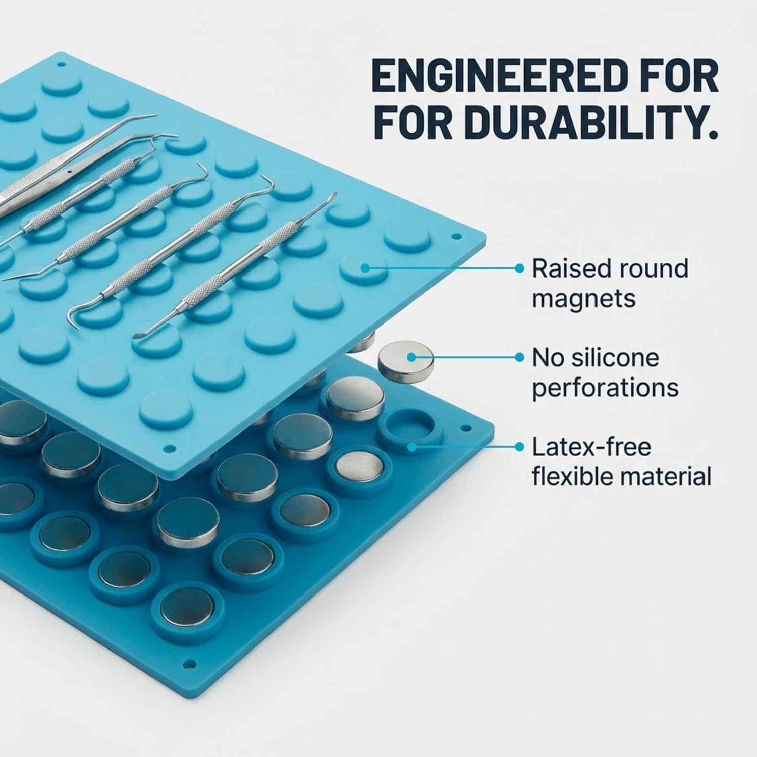 Magnetic Mat for Instruments and Tools, 12 x 15 inches, Blue, Raised Round Magnets, Flexible, Non-Slip, Reusable and Autoclavable - 2X Magnetic Strength