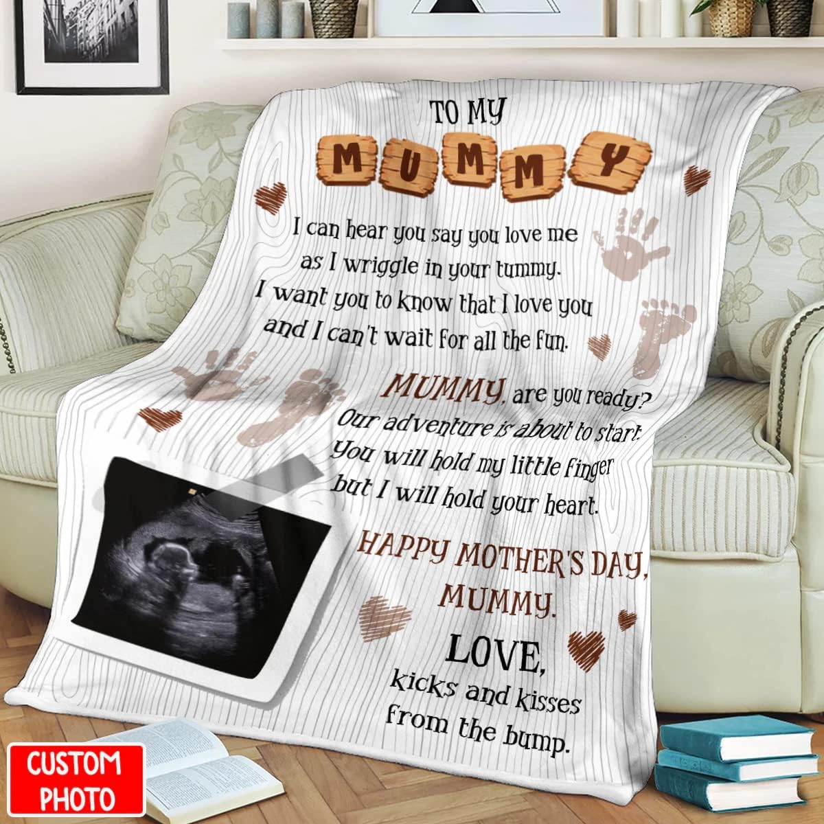 Bellala Personalized Ultrasound Photo Baby Blanket Mummy You Hold My Fingers and I'll Hold Your Heart Blanket Happy Mother's Day 2022 Gifts for First-Time Mom New Mom Gifts from Baby Unborn, 50x60 IN