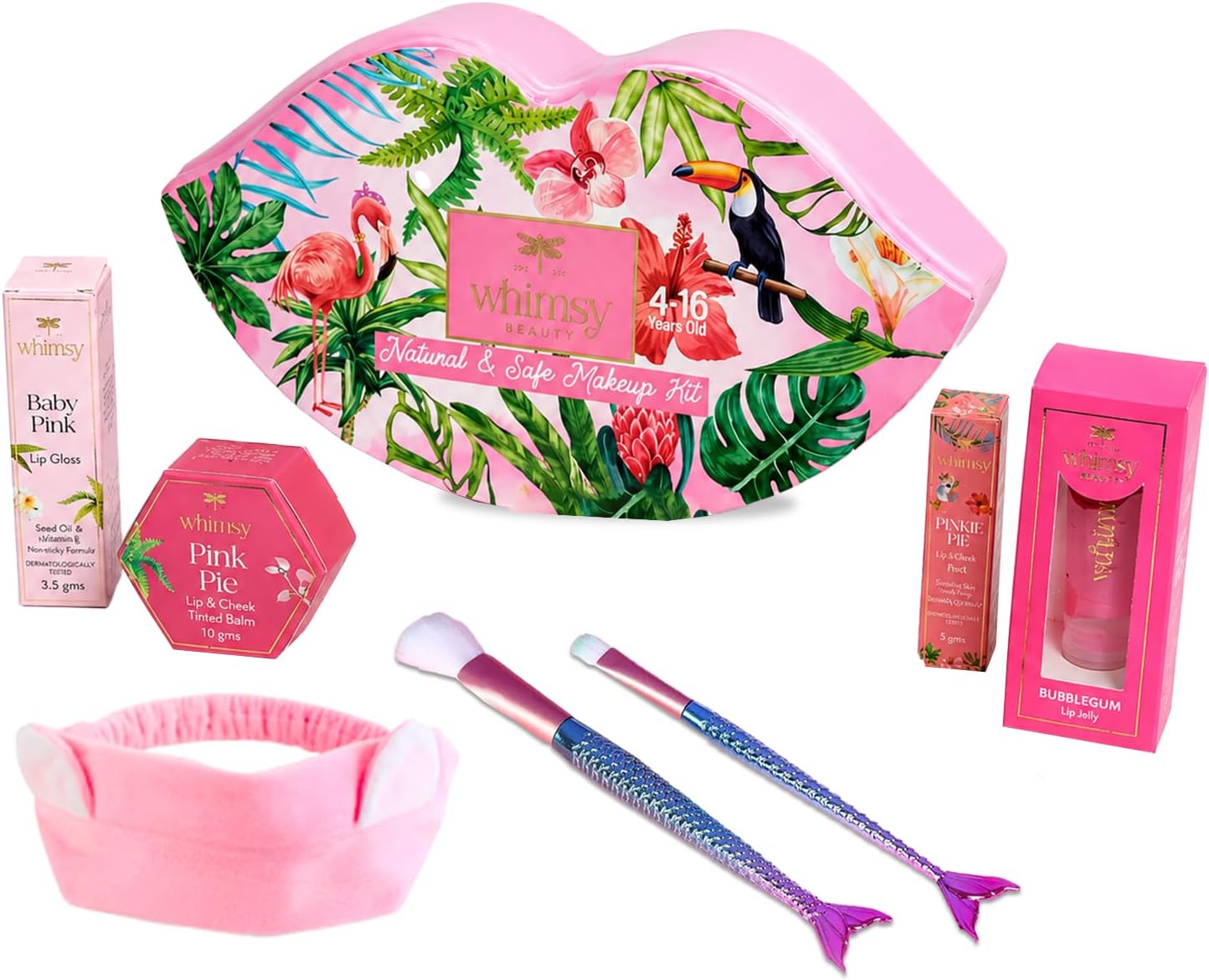 Whimsy Beauty Liplicious Beauty Kit | Safe & Fun Makeup Set for Girls, Preteens & Teenagers | Includes Lip & Cheek Tint, Lip Balm, Lip Gloss, Lip Jelly, Mermaid Brushes & Hair Band (Pack of 7)