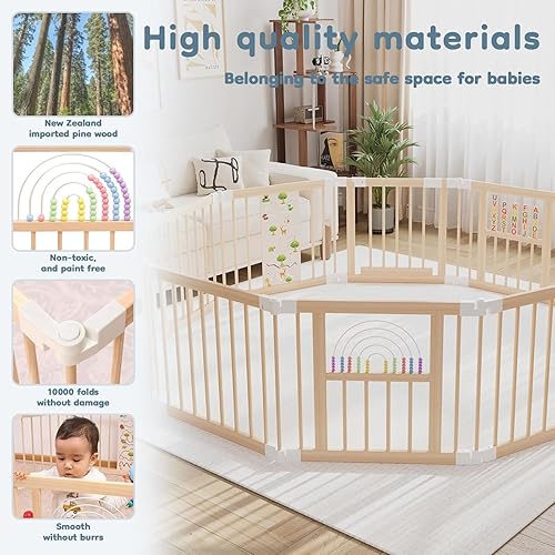 Miniatura 6 de Centro de actividades plegable de madera para bebés, tamaño y forma ajustables, patio de juegos portátil, área de juego con valla para bebé con