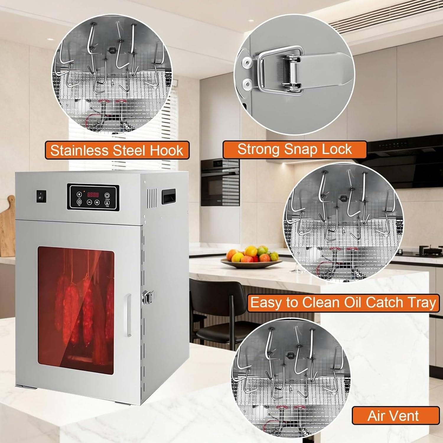 Maszynka do jerky wołowego, Suszarka do żywności ze stali nierdzewnej – 800W Elektryczna suszarka z 10 półkami i 14 hakami, Regulowany timer, Kontrola temperatury, Do ziół, przysmaków dla psów