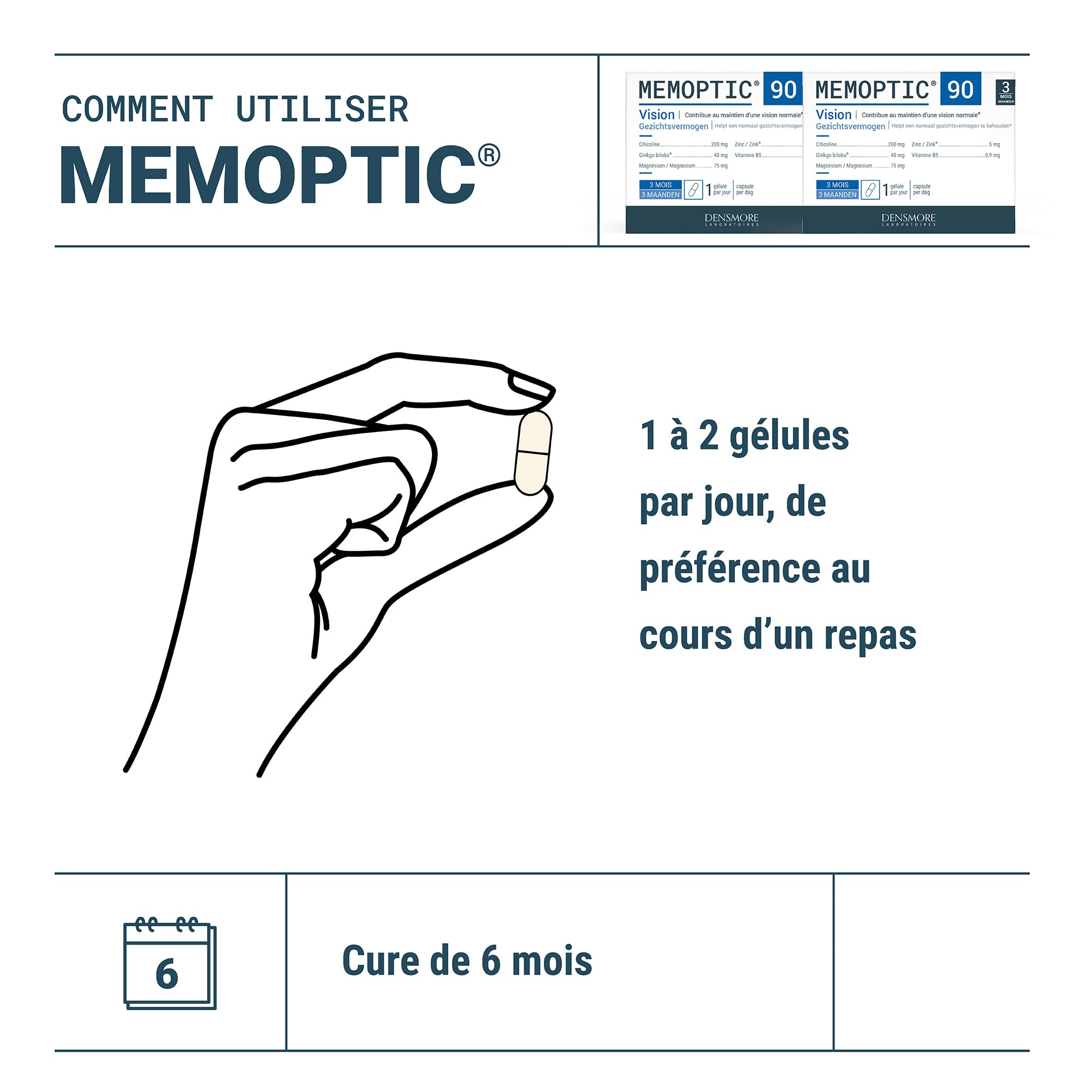 Densmore - Cure de 6 mois - MEMOPTIC - Complément Alimentaire Mémoire et Vision à base de Citicoline - Ginkgo biloba - Magnésium - Vitamine B5 - Zinc - 180 gélules - Fabriqué en France
