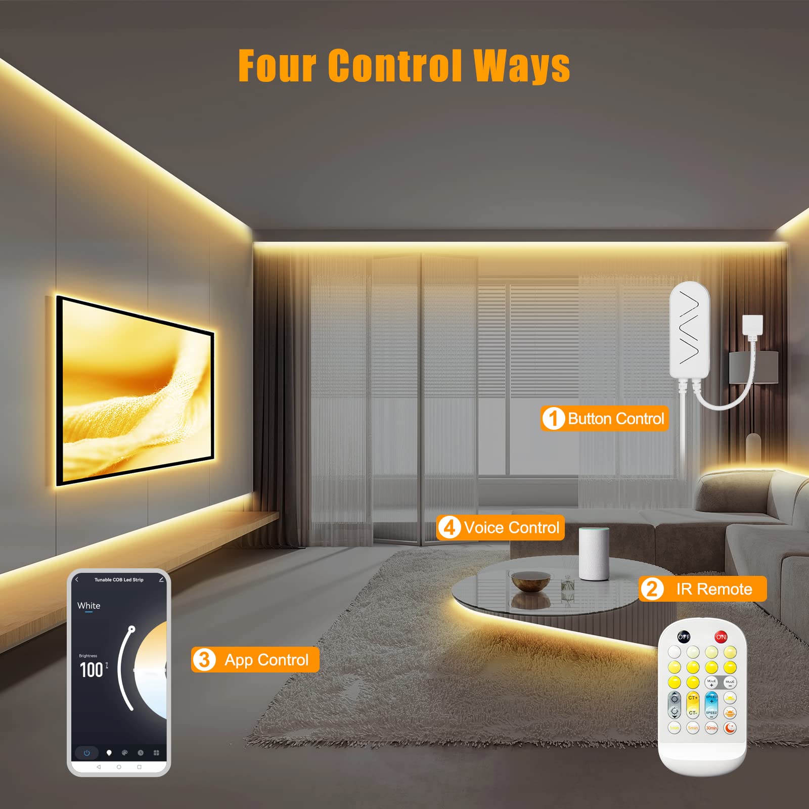 Tatazone Kit di strisce LED COB bianche sintonizzabili da 3 m, CCT 2700K-6500K ultra luminoso COB con telecomando RF, nastro LED COB dimmerabile per armadio da cucina, camera, TV