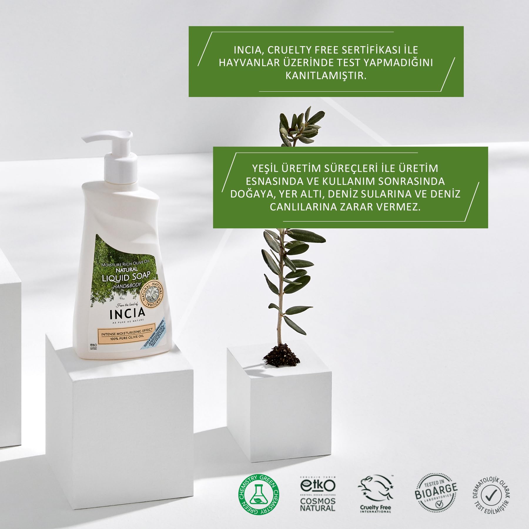 INCIA%100 Doğal Sıvı Kastil Sabunu Yoğun Nemlendirici Zeytinyağlı 10 Bitkisel Değerli Yağ Vegan 250 ml