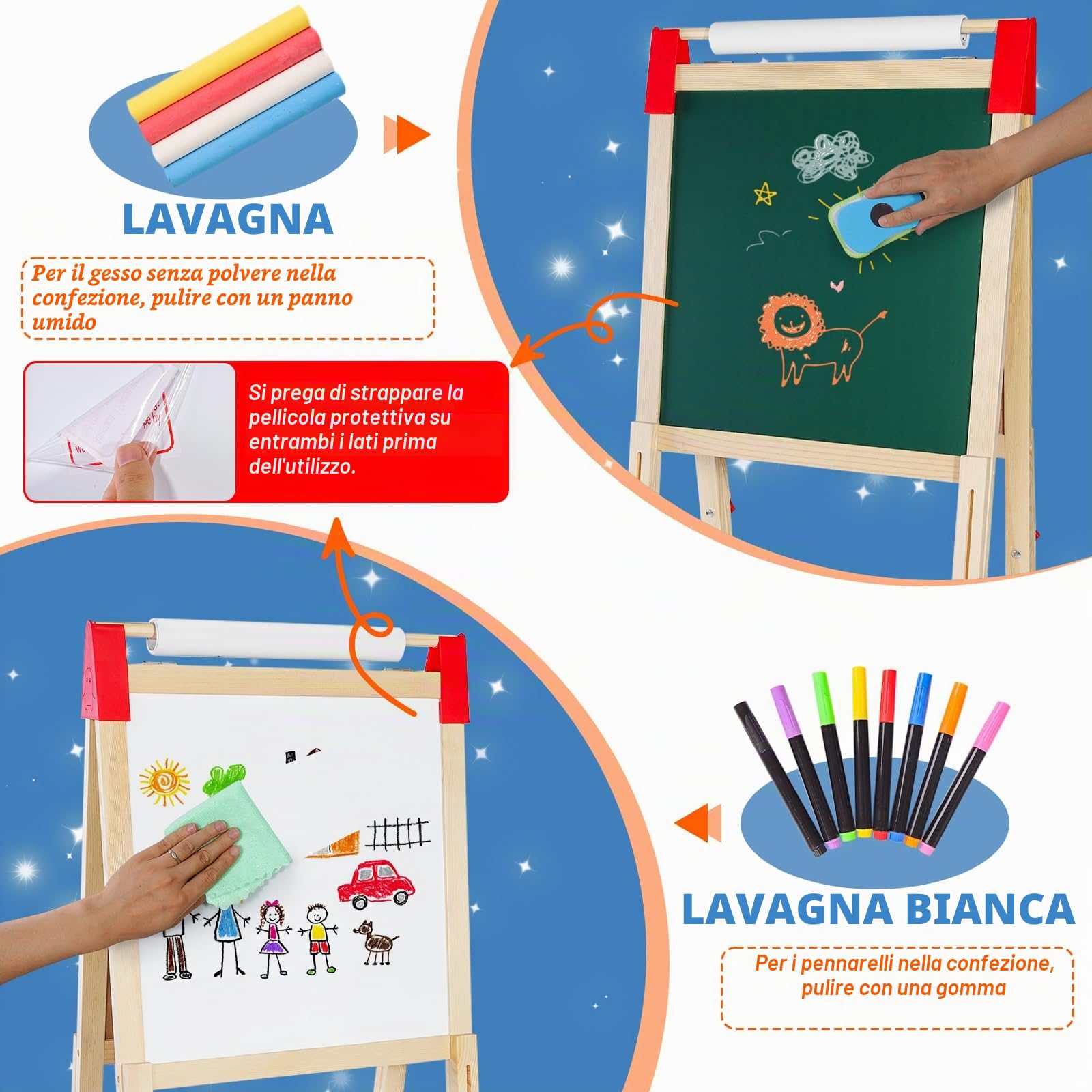 Cavalletto per Bambini in Legno con Supporto per Rotoli di Carta, Doppia Faccia, Lavagna per Giochi in Legno, Lavagna per Gessi e Lavagna Bianca per Ragazzi e Ragazze