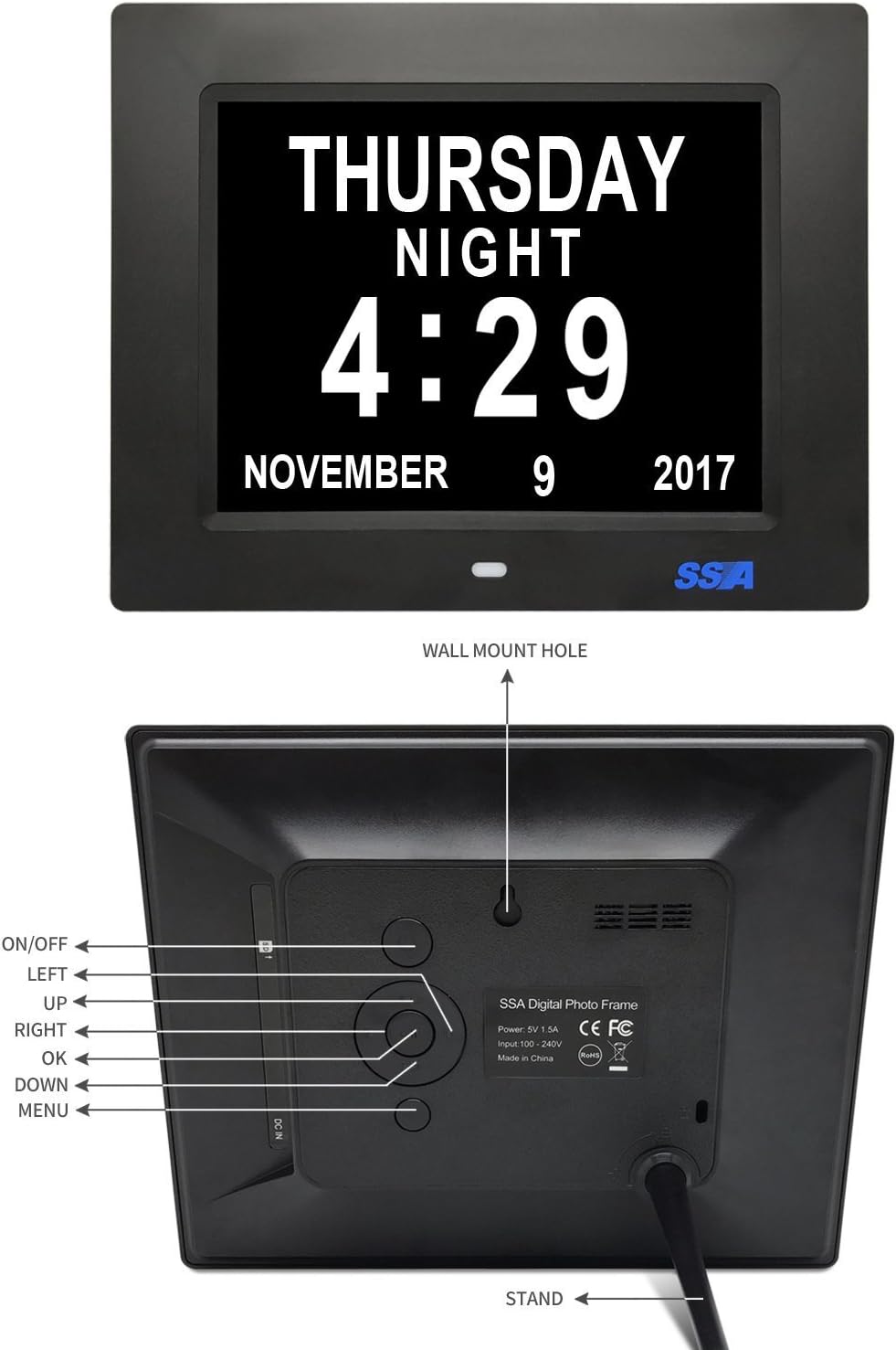 SSA Day Alarm Clock, 8 inch Digital Calendar Day Clock with Clear Large Non-Abbreviated Day & Month Wall Hanging or Desk/Shelf Clock Dementia Clock Pefect for Memory Loss Elderly Seniors