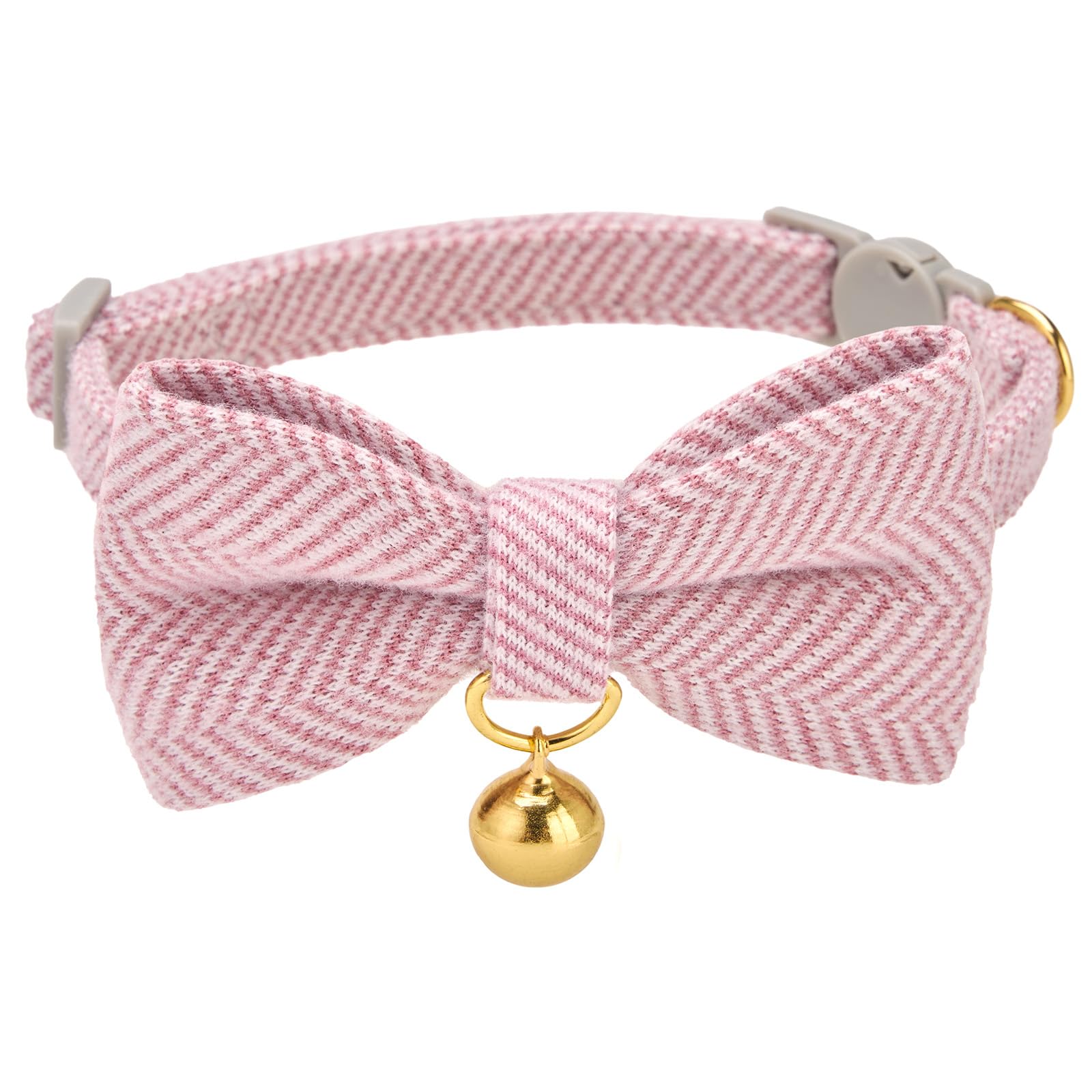 Petiry Tweed Bow Tie Cat Collar,Safety Collar with Bell for Kittens,Pink