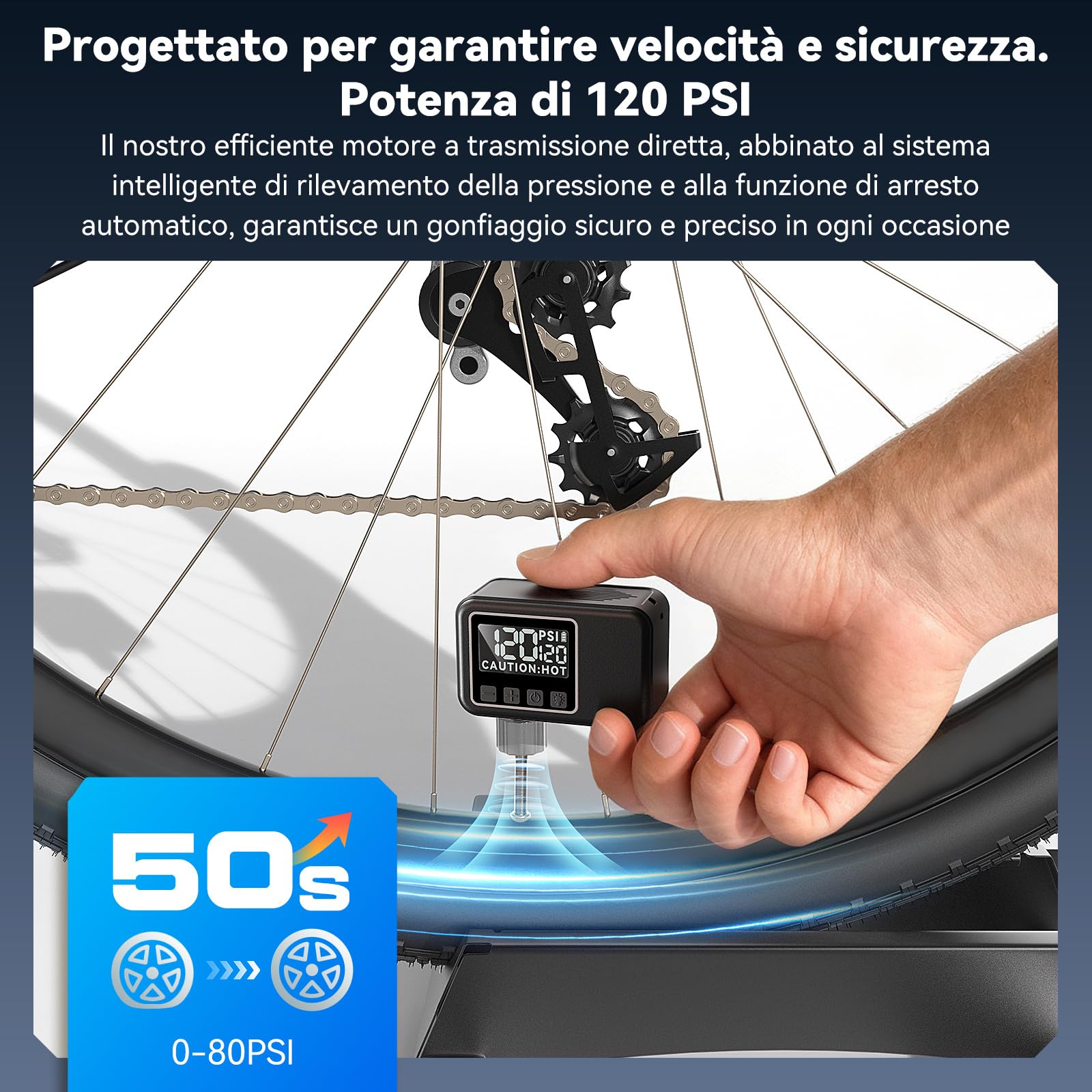 Mini Pompa Elettrica Bici Silenziosa 120 Psi Gonfiaggio Rapido 50s Compatibile Valvole Presta Schrader