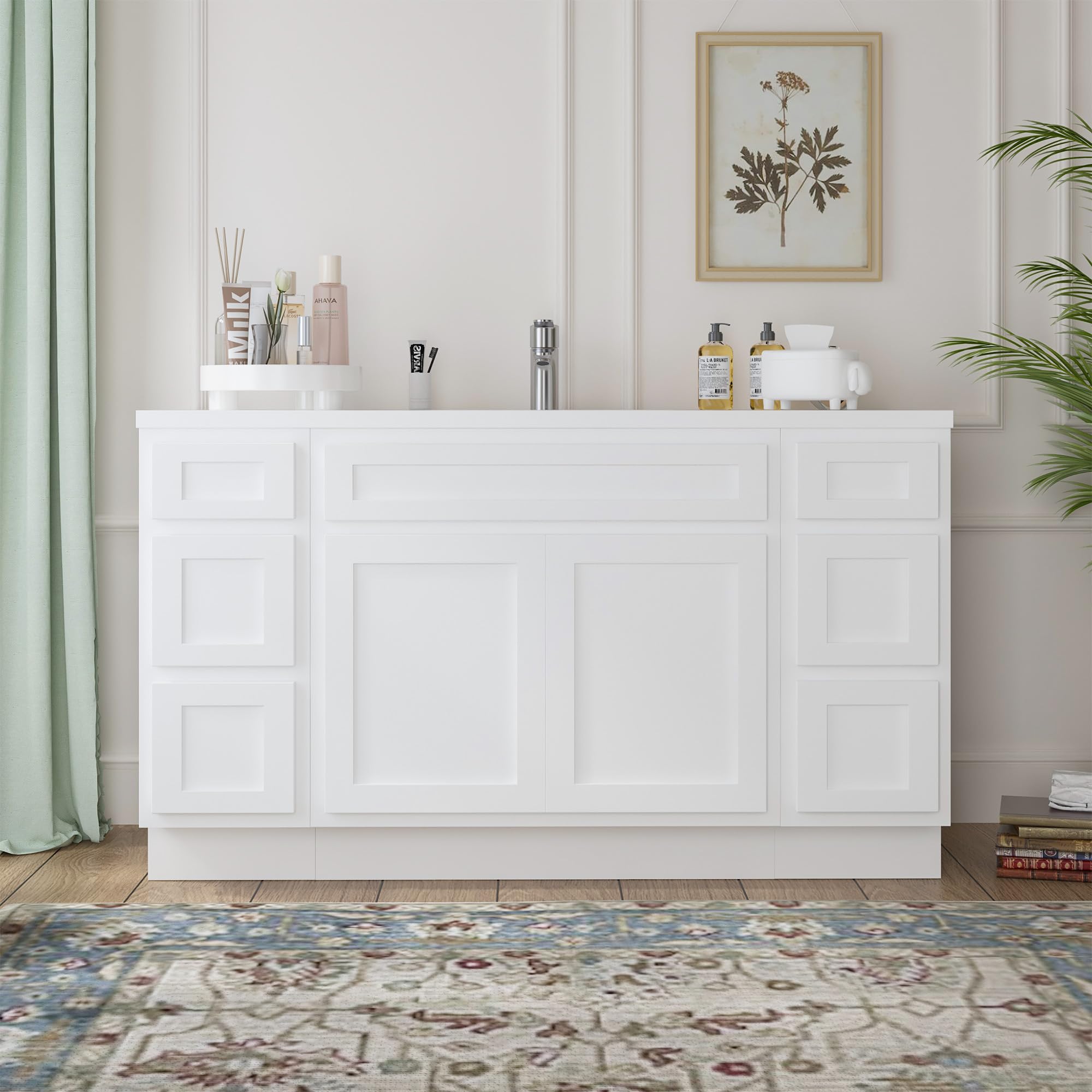 HomeBeyond 57 Inch Bathroom Vanity Base Only, Single Vanity Cabinet with Dove-Tailed Drawers, Soft-Closing Doors, White, Without Top,Small