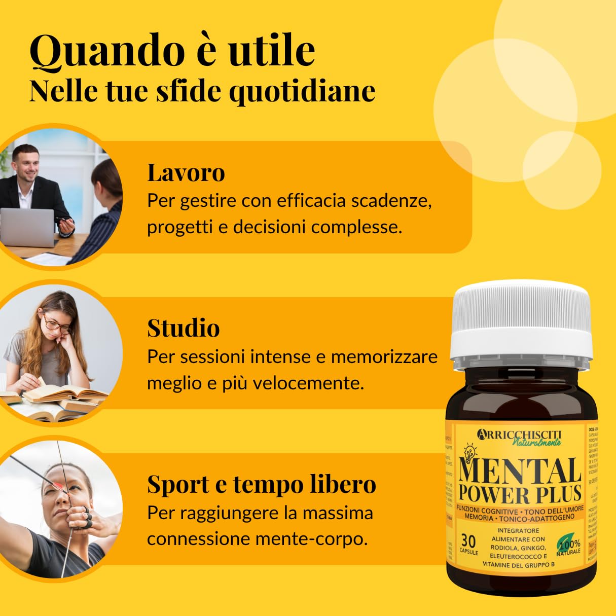 Mental Power Plus, Integratore Energia Mentale con Rodiola, Ginkgo Biloba, Eleuterococco, Vitamine B1, B2, B6, e B12 per Memoria e Concentrazione, Buon Umore, Contro Stress e Stanchezza