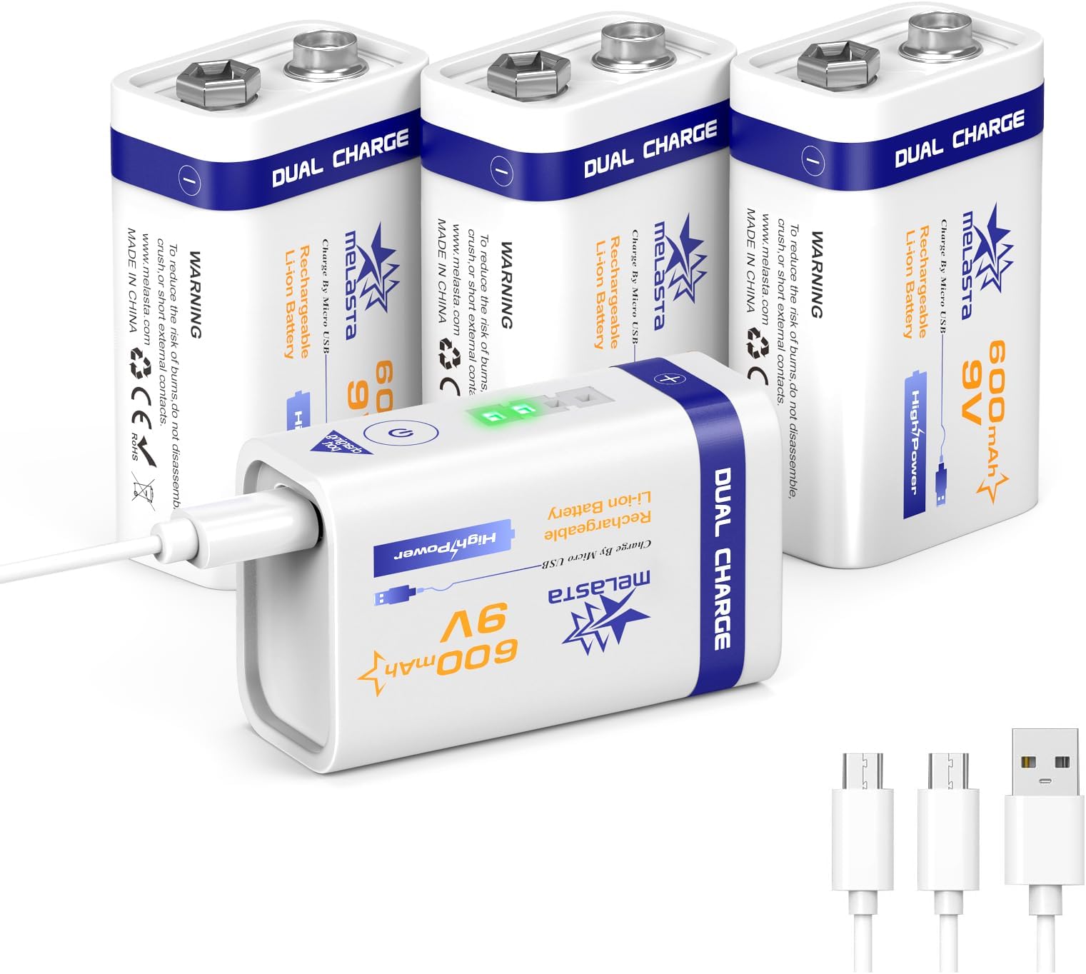 melasta 9V Rechargeable Battery High Capacity 600mAh Compatible with 6F22 PP3 MN1604 6LR61 with 2 in 1 USB Cable, 9V Li-ion Batteries Long Lasting All-Purpose for Smoke Detector Multimeter, Toys 4 PCS