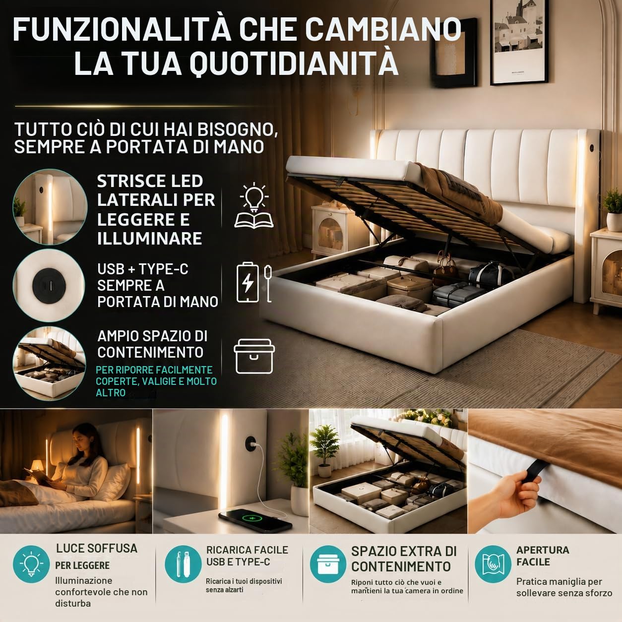 Zepneiy Letto matrimoniale con rete a doghe LED e USB, contenitore portaoggetti e testiera regolabile, imbottito con telaio 160x200 (senza materasso)