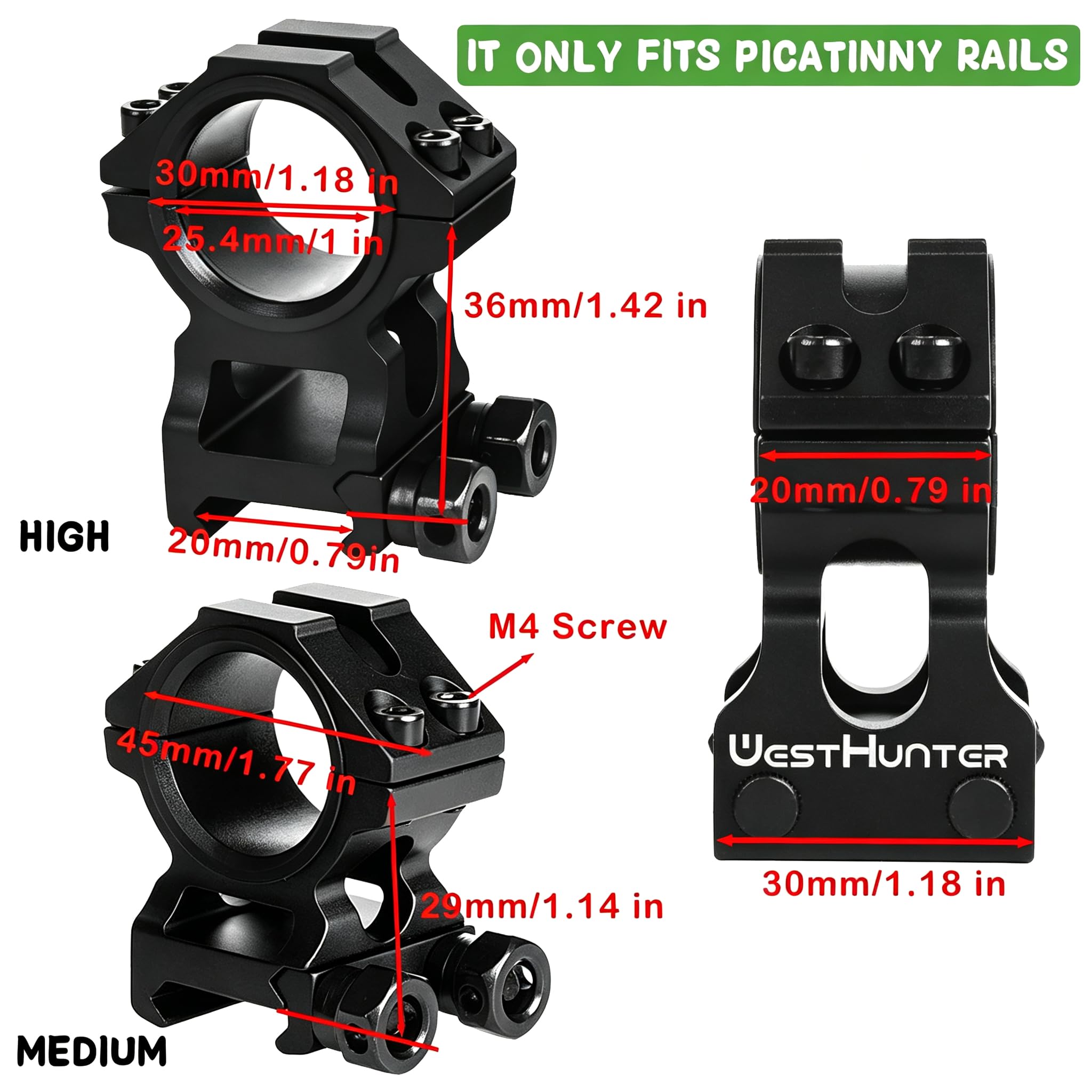 WestHunter Optik Picatinny Zielfernrohr Montage, 25,4 mm 30 mm Präzision Zielfernrohr Ringe | 36 mm / 29 mm Center Höhe