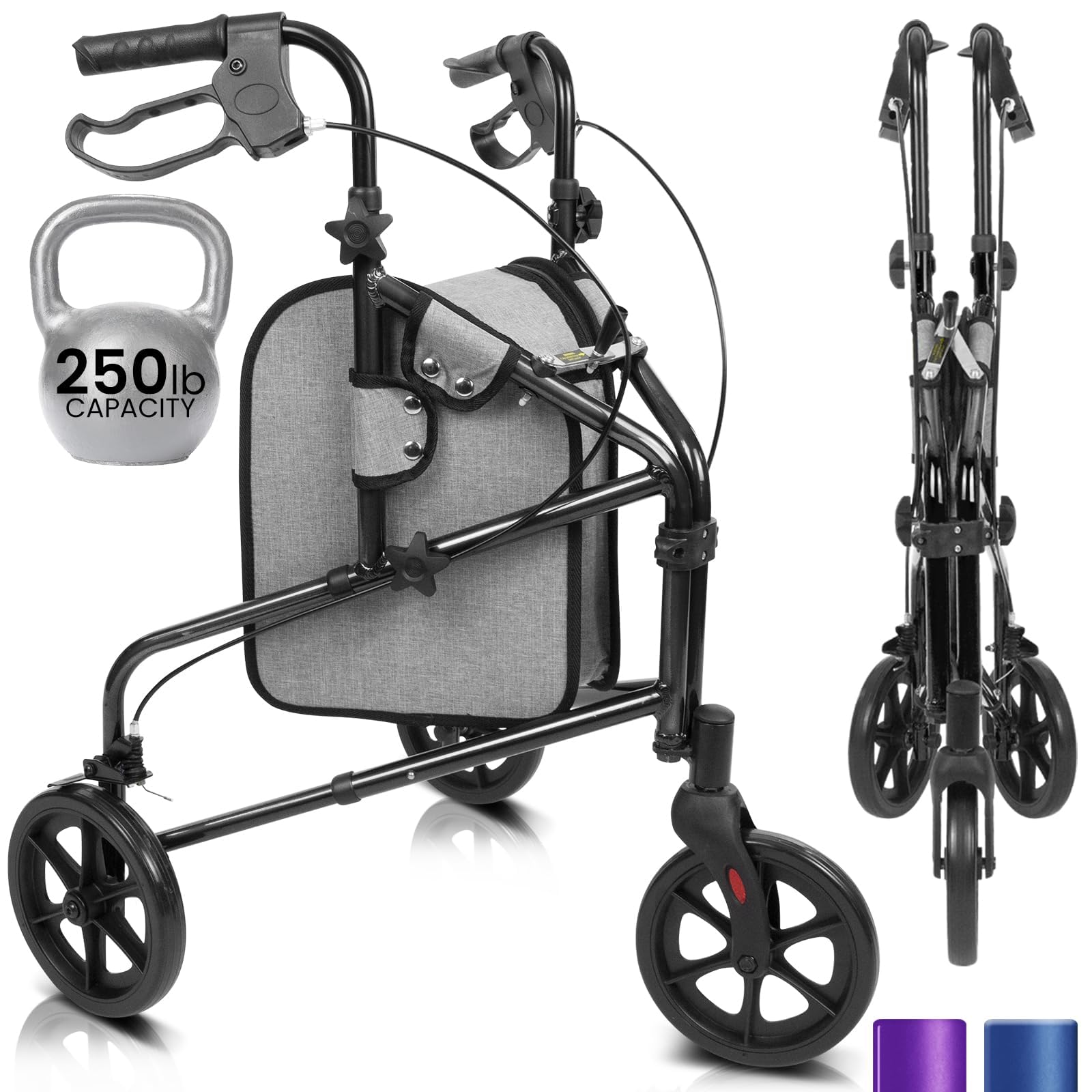 Vive Mobility 3 Wheel Walker - Three Wheeled Rollator for Seniors - Lightweight, Foldable, Narrow, Heavy Duty - for Elderly Men Women - Folding 3-Wheel Tri Scooter with Basket Bag
