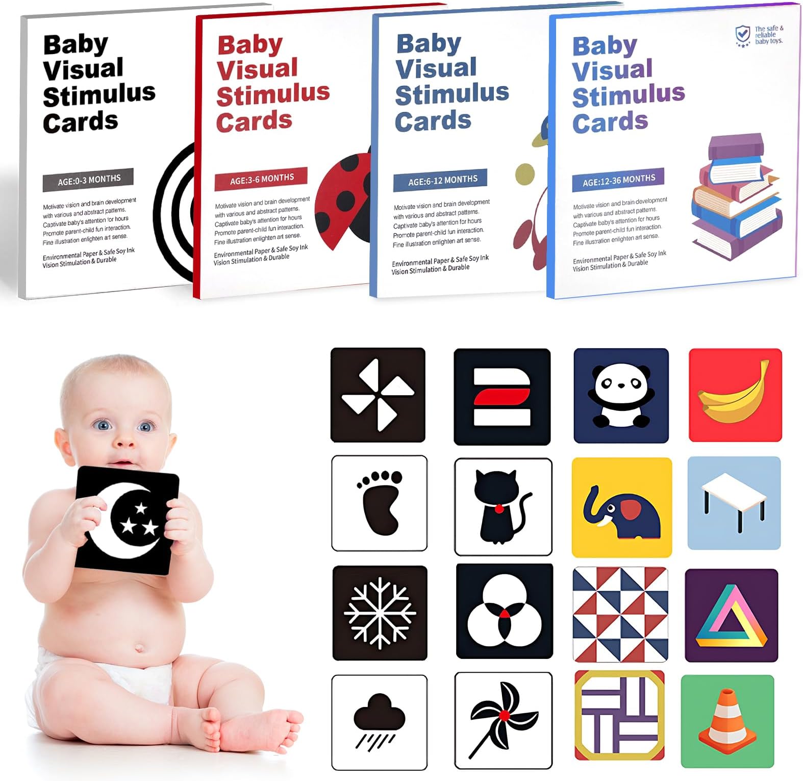 Flash Cards Baby Visual Stimulation Cards for 0-3-6-12-36 Months, 0-3 Months Infant Newborn Tummy Time Toys Gifts 5.5''×5.5'' Large for Sensory Development Black White Card Set