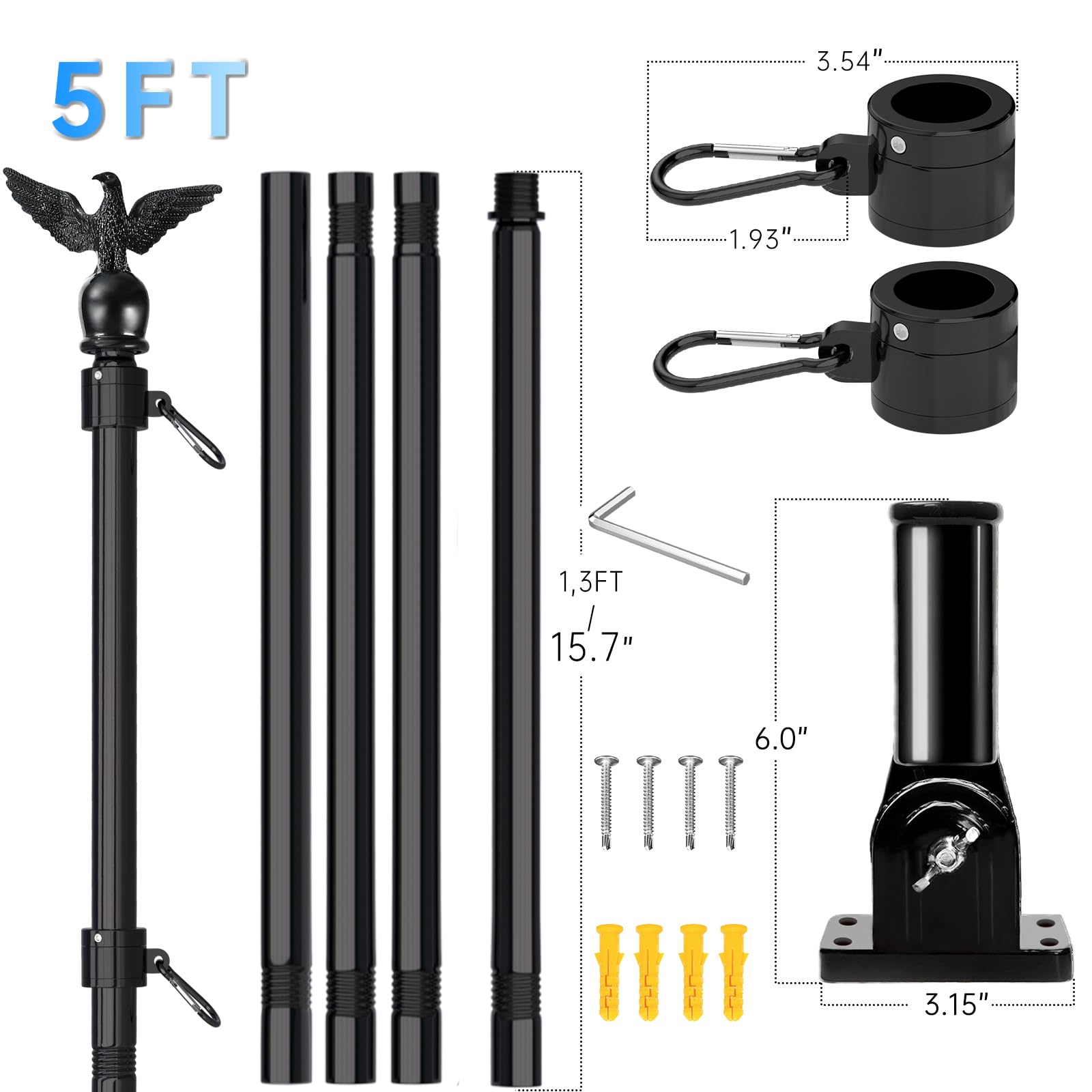 LETSTRY 5FT Black Flag Pole Kit for Outside House with American Flag & Solar Light,1