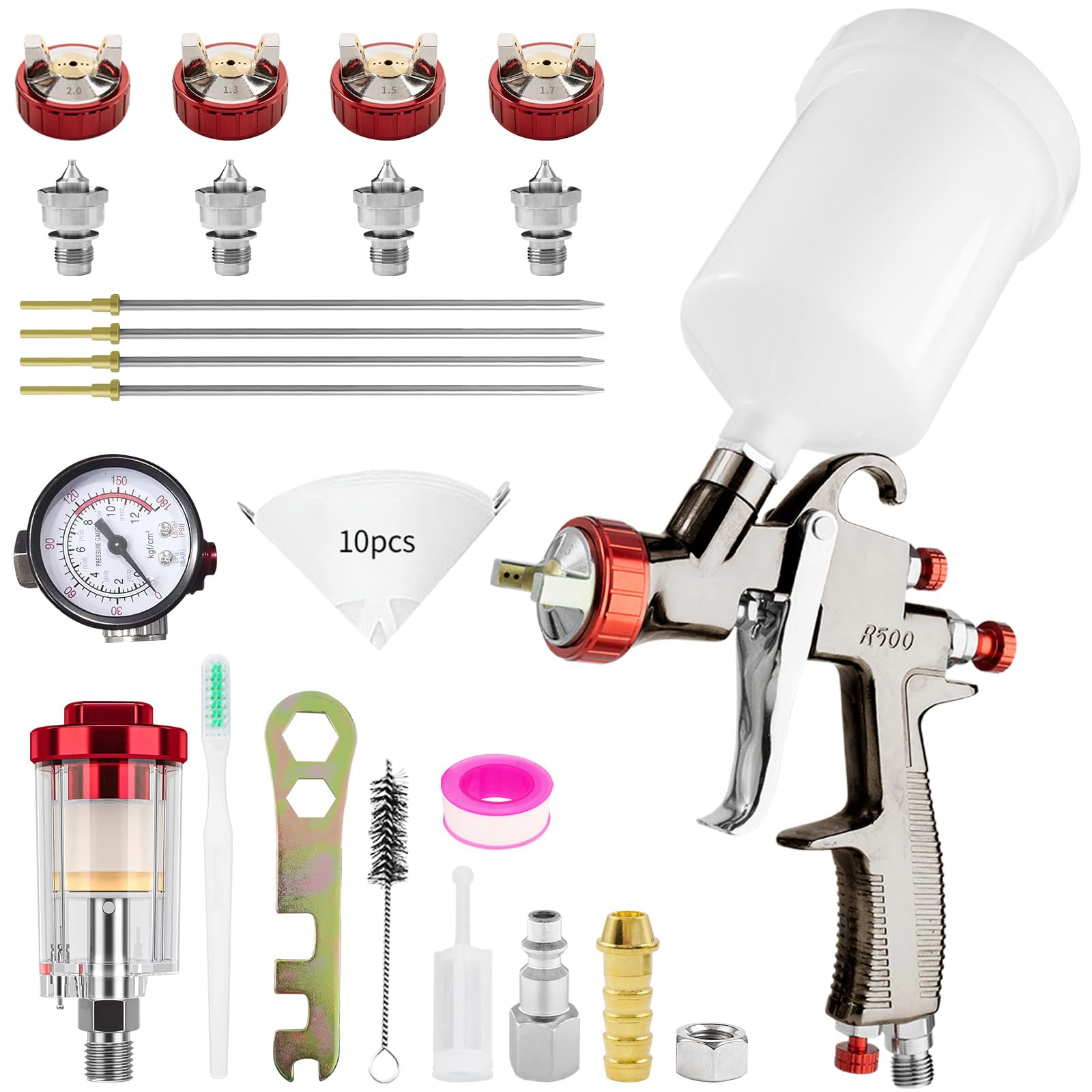 R500 LVLP - Pistola de pulverización de aire comprimido con 3 boquillas de 1,3/1,5/1,7 mm, para coches y casas, pintura de bricolaje, con accesorios de pulverización de pintura, fácil de usar