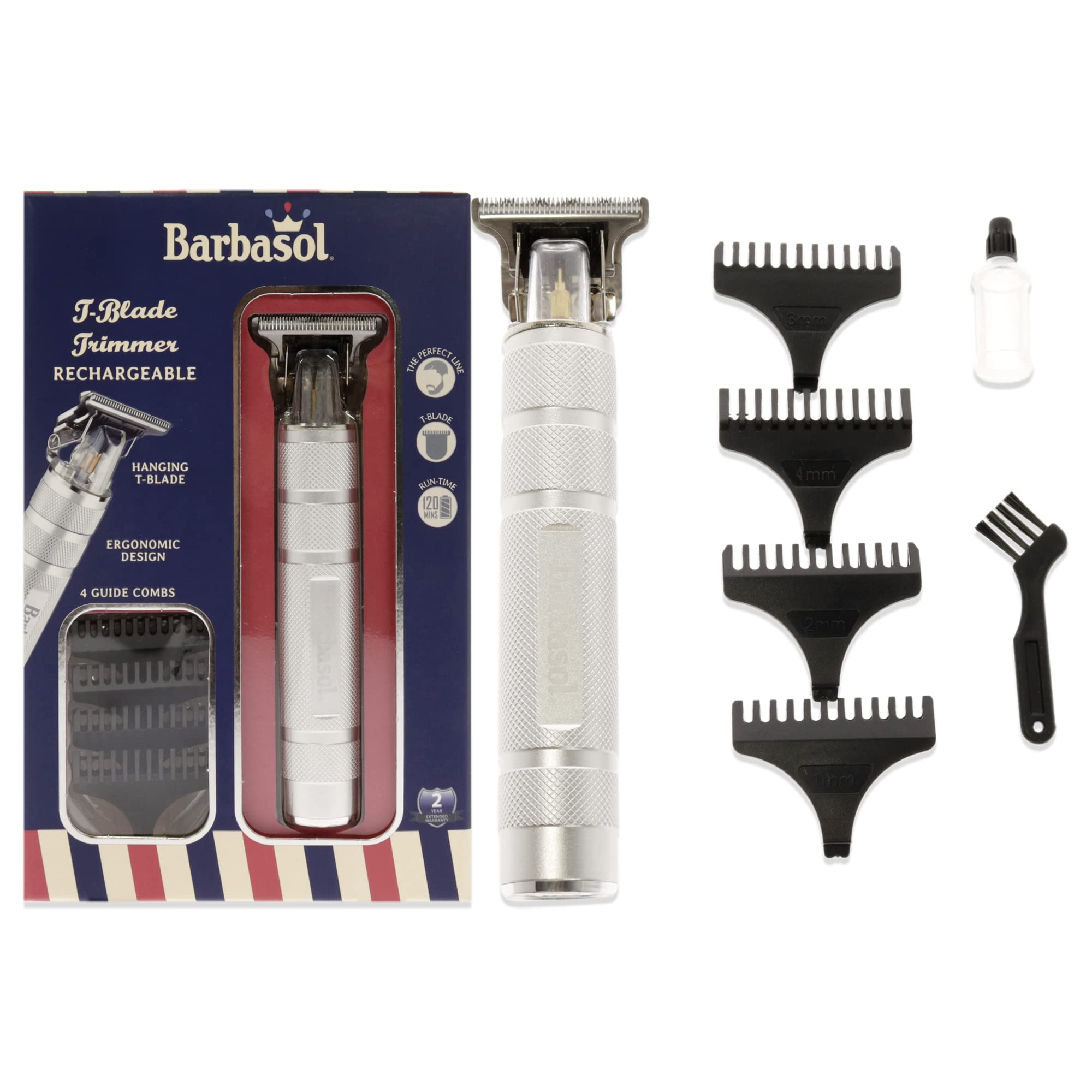 Barbasol Stainless-Steel Rechargeable Zero-Gapped T-Blade Trimmer, Hanging Blade, 3 Guide Combs