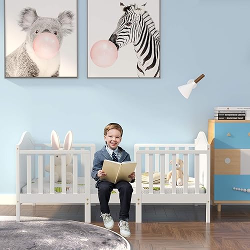 Vista 18 de Costzon Cama convertible 2 en 1 para niños pequeños, cama clásica de madera para niños con 2 barandillas laterales, estribo para mayor seguridad