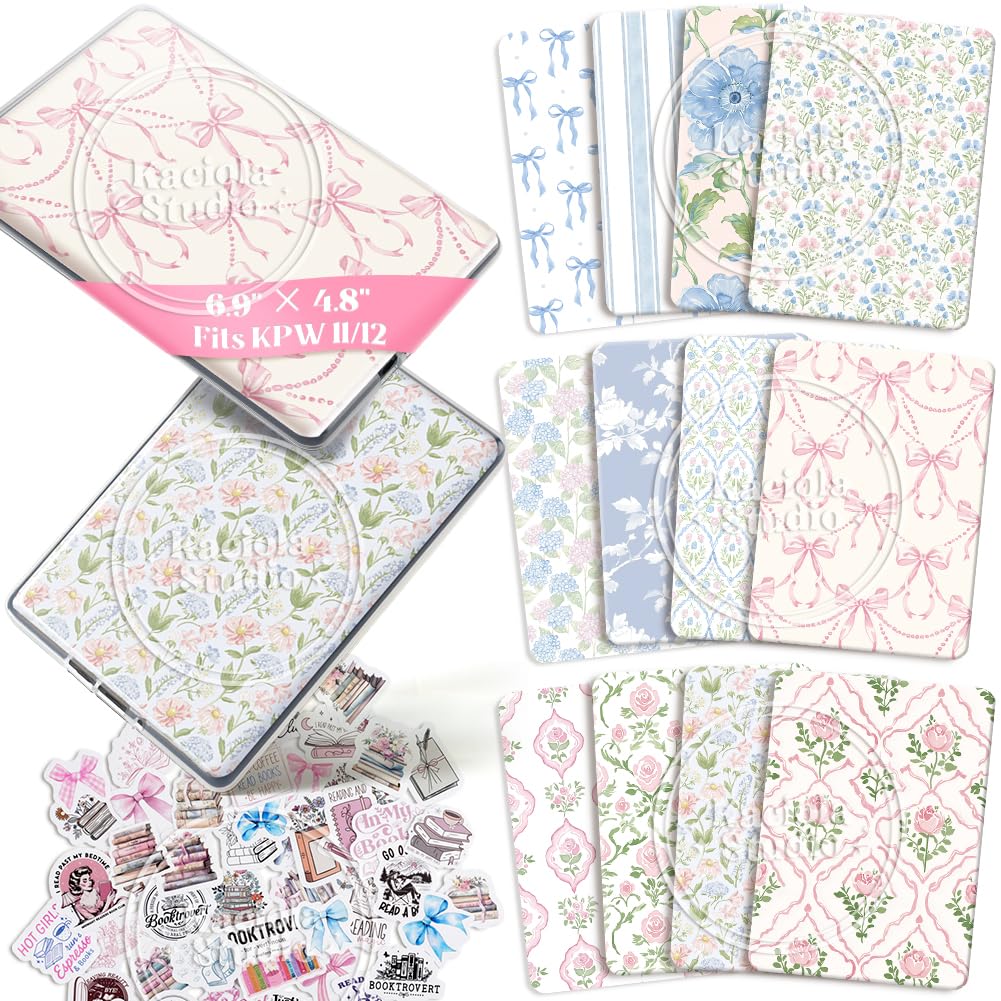 Kaciola 12PCS Inserts Cardstock for E-Reader Clear Case with 50PCS Scrapbook Stickers for Insert, 6.9"x4.8" Vintage Flower Theme Back Cover