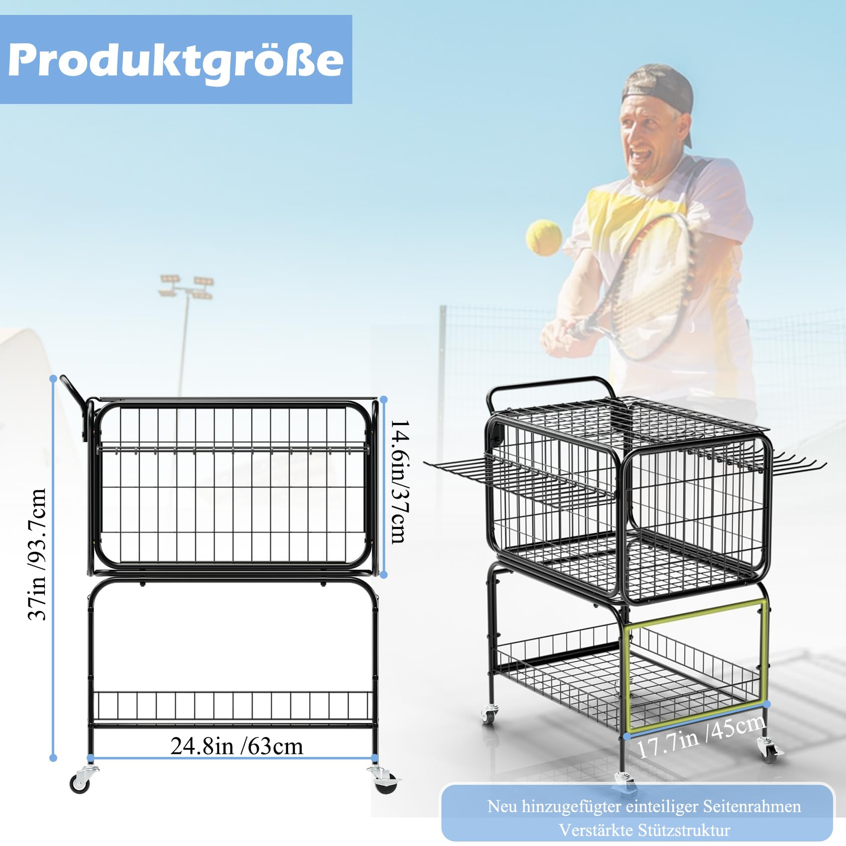 Mobiler Tennis Trainingswagen mit 2 Gitterkörben, bis 350 Tennisbälle, mit feststellbaren 360° Rollen & Schlägerhaltern für Tennis Pickleball, geeignet für Sportplatz und Garage