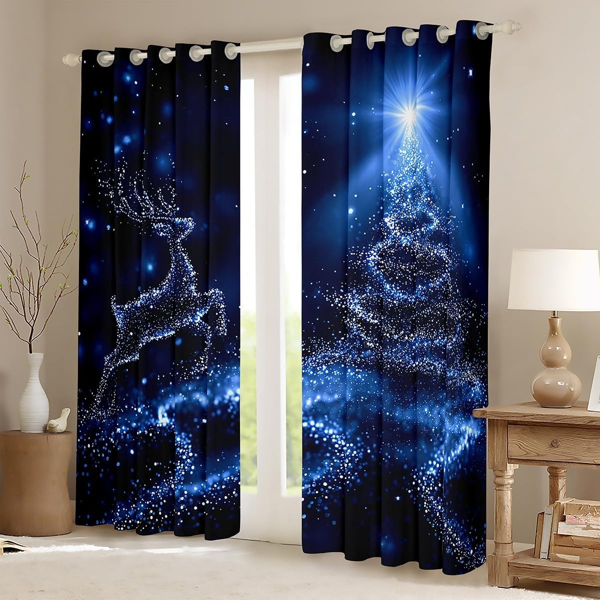 Castle Fairy Christmas Tree Window Curtains,Glowing Reindeer Curtain, Window Drapes for Kid Teens Boys Young Man,Modern Bedroom Decorative,Blue Glitter Curtain,84Wx84L