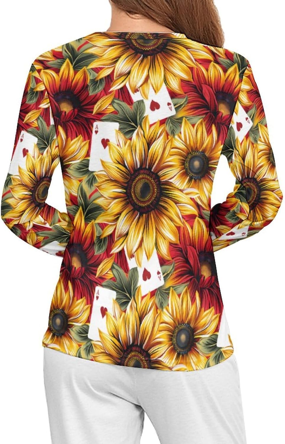 Playing Card Poker Sunflower Women's Pajama Top Sleepwear Pajamas Sleep T-Shirt Long Sleeve Shirt Crewneck Tee