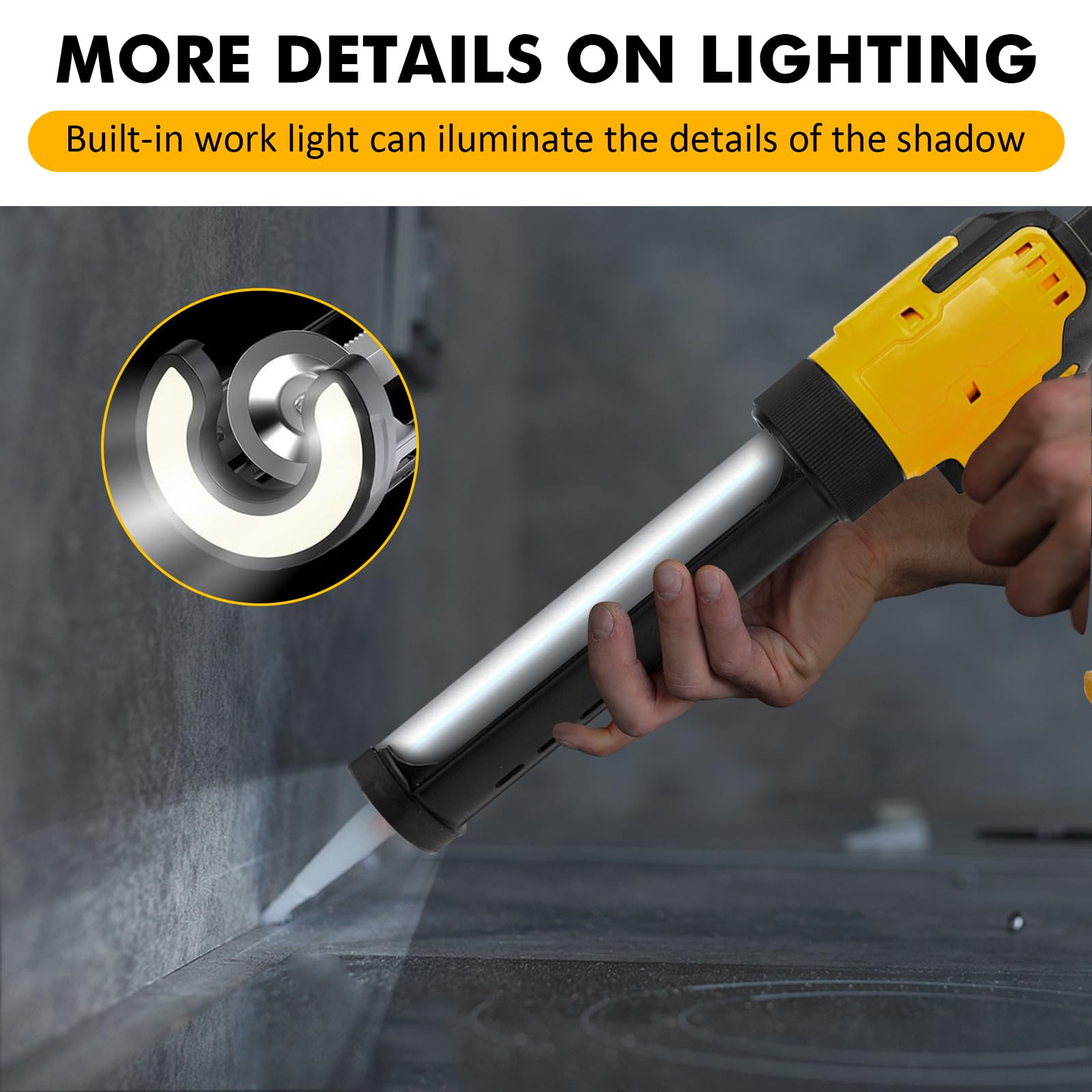 Prensa de cartuchos de batería compatible con batería Dewalt 20 V | Pistola de calafateo eléctrica, 6 velocidades, luz LED, jeringa de silicona para cartuchos, 300ml, 9 accesorios, Sin batería