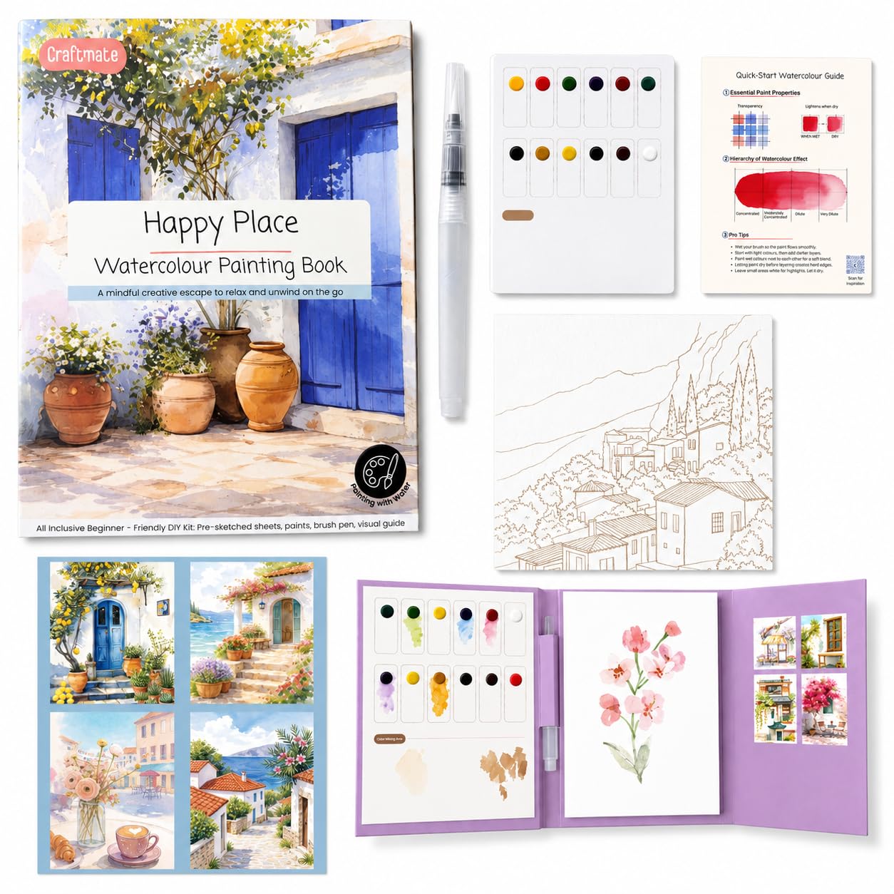 CRAFTMATE Happy Place Watercolor Painting Book | DIY Paint with Water Kit for Kids, Teens & Adults | 16 Pre-Sketched Cozy Home & Scenic Designs with Paint Palette & Water Brush Pen | Travel-Friendly Watercolour Art Book-image-30