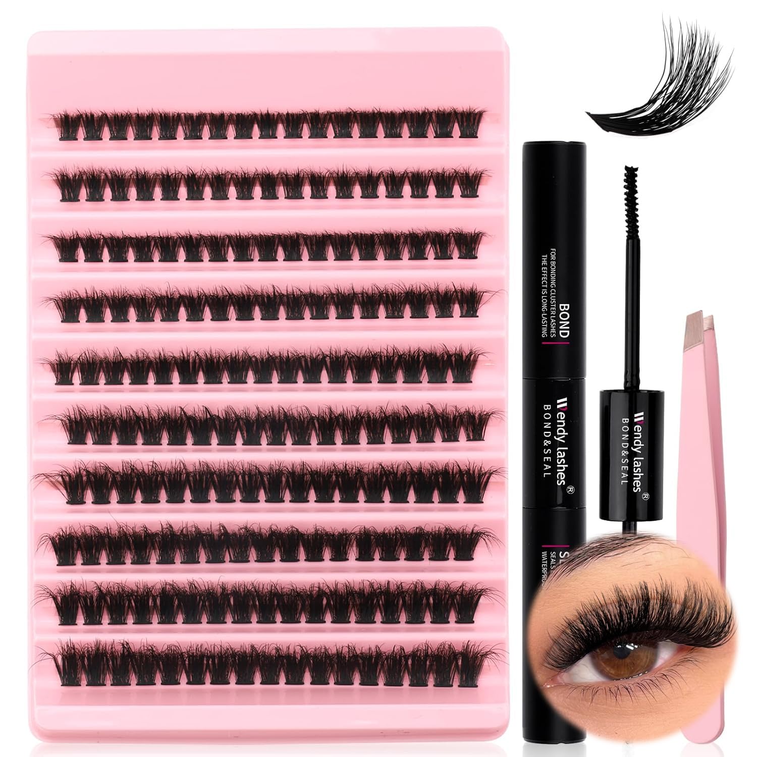Wendy Lashes Kit Extension Ciglia 200PCS Clusters Lashes Kit D Curl 0,07 80D 8-16mm Ciglia Finte Individuali Fluffy Effetto 3D Cluster Eyelash con Lash Bond e Seal for DIY Lashes